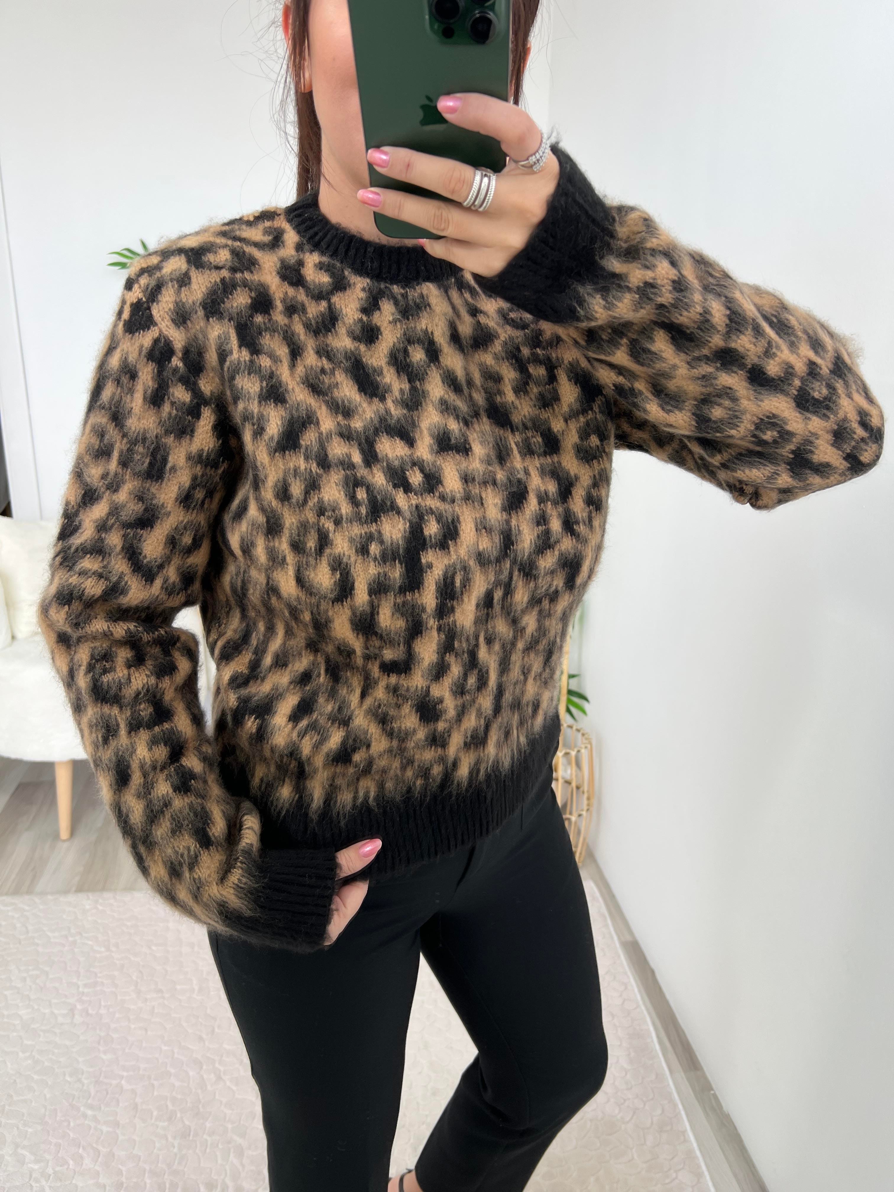 Bisiklet Yaka Leopar Desenli Kazak