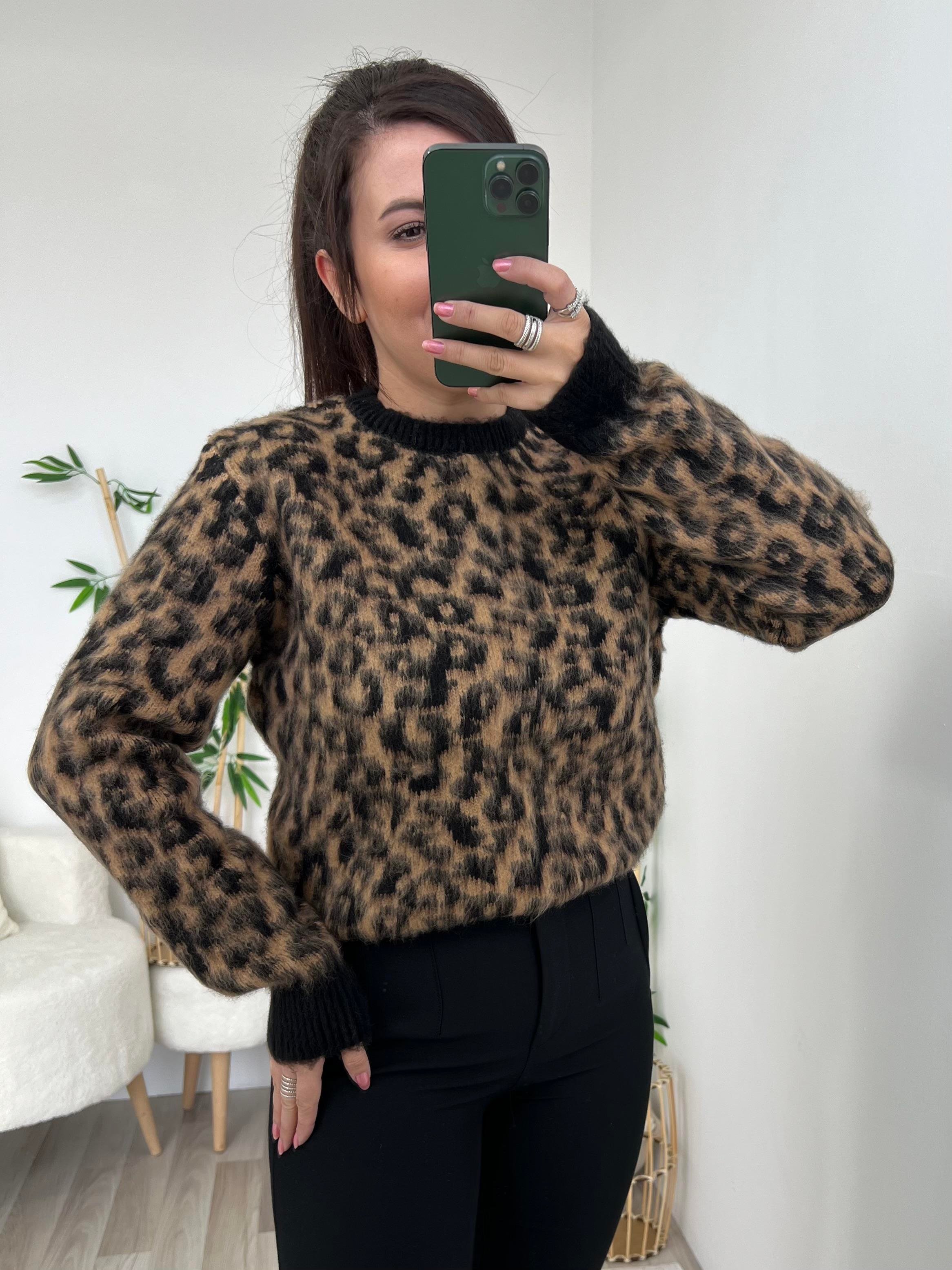 Bisiklet Yaka Leopar Desenli Kazak