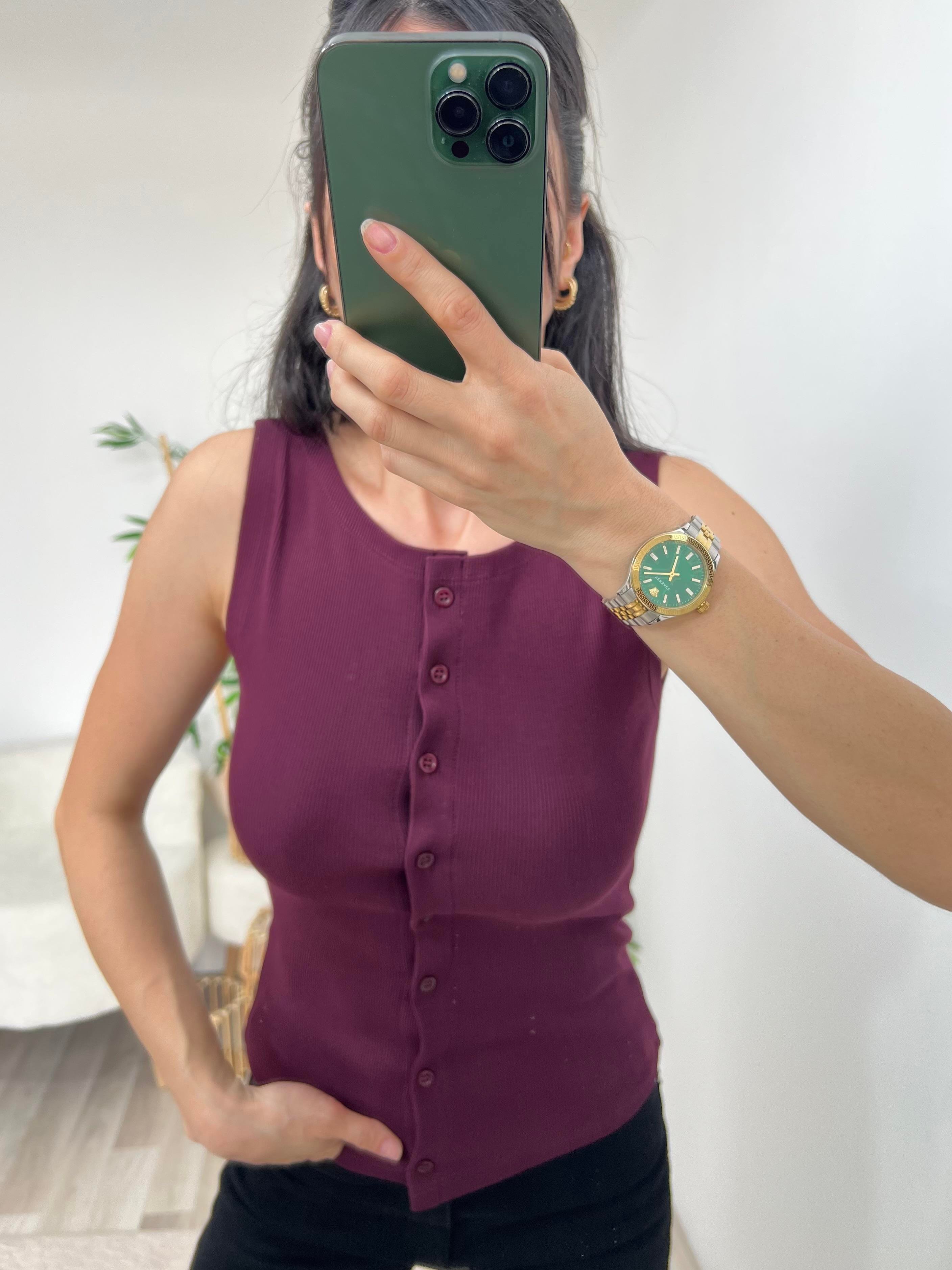 Bordo Fitilli Önü Düğme Kapamalı Bluz