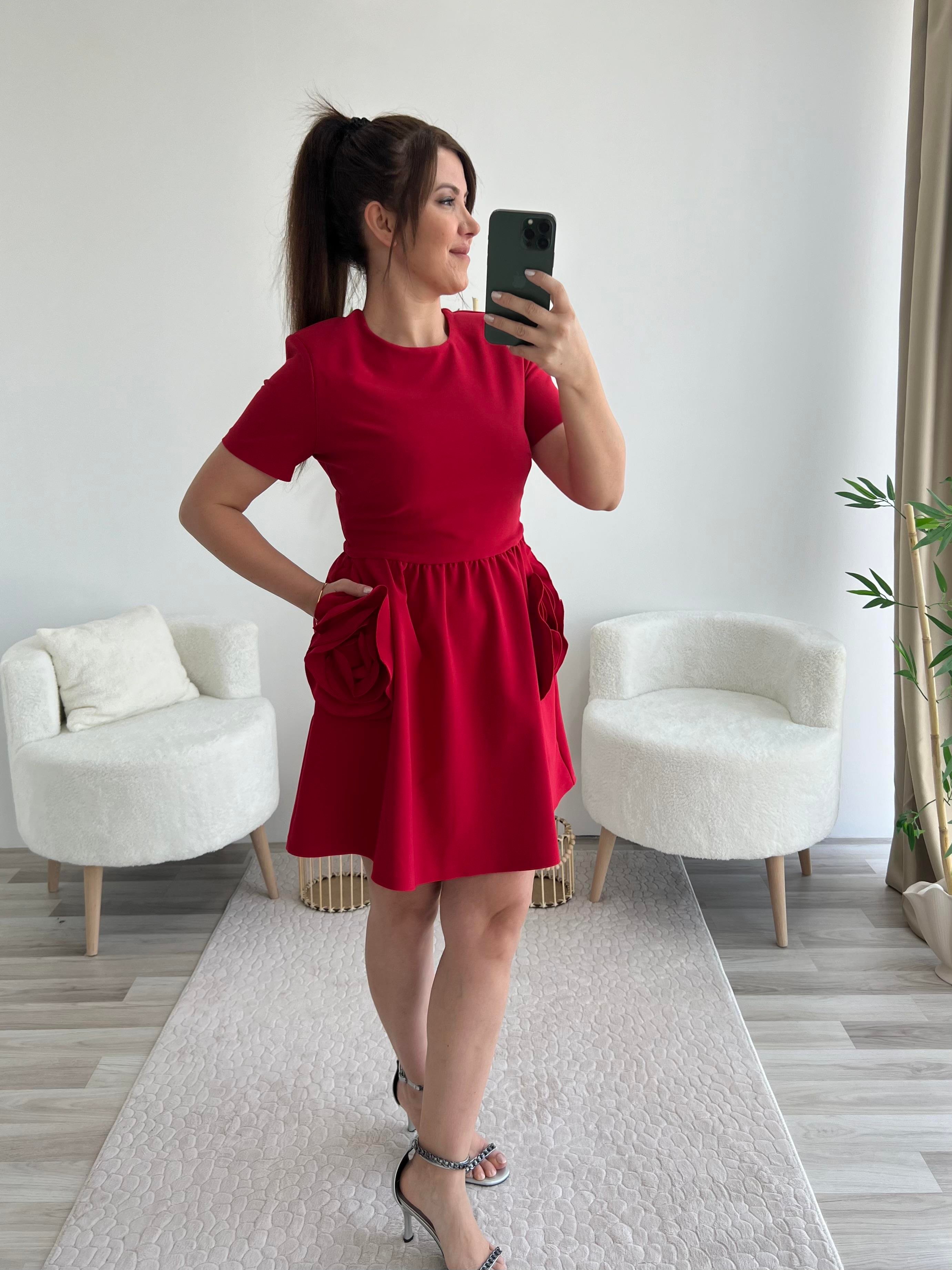KIRMIZI ROSE CEPLİ ELBİSE