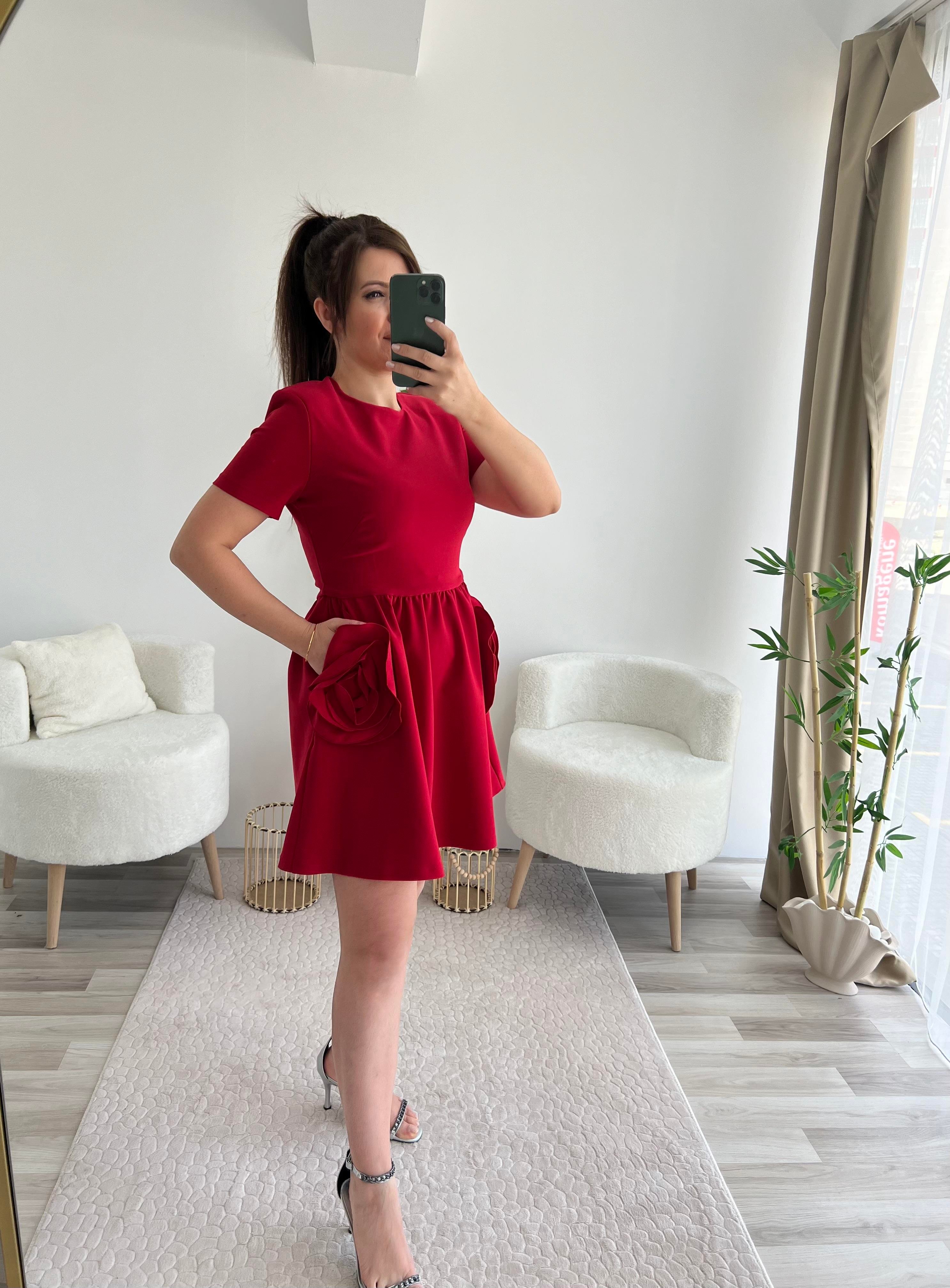 KIRMIZI ROSE CEPLİ ELBİSE