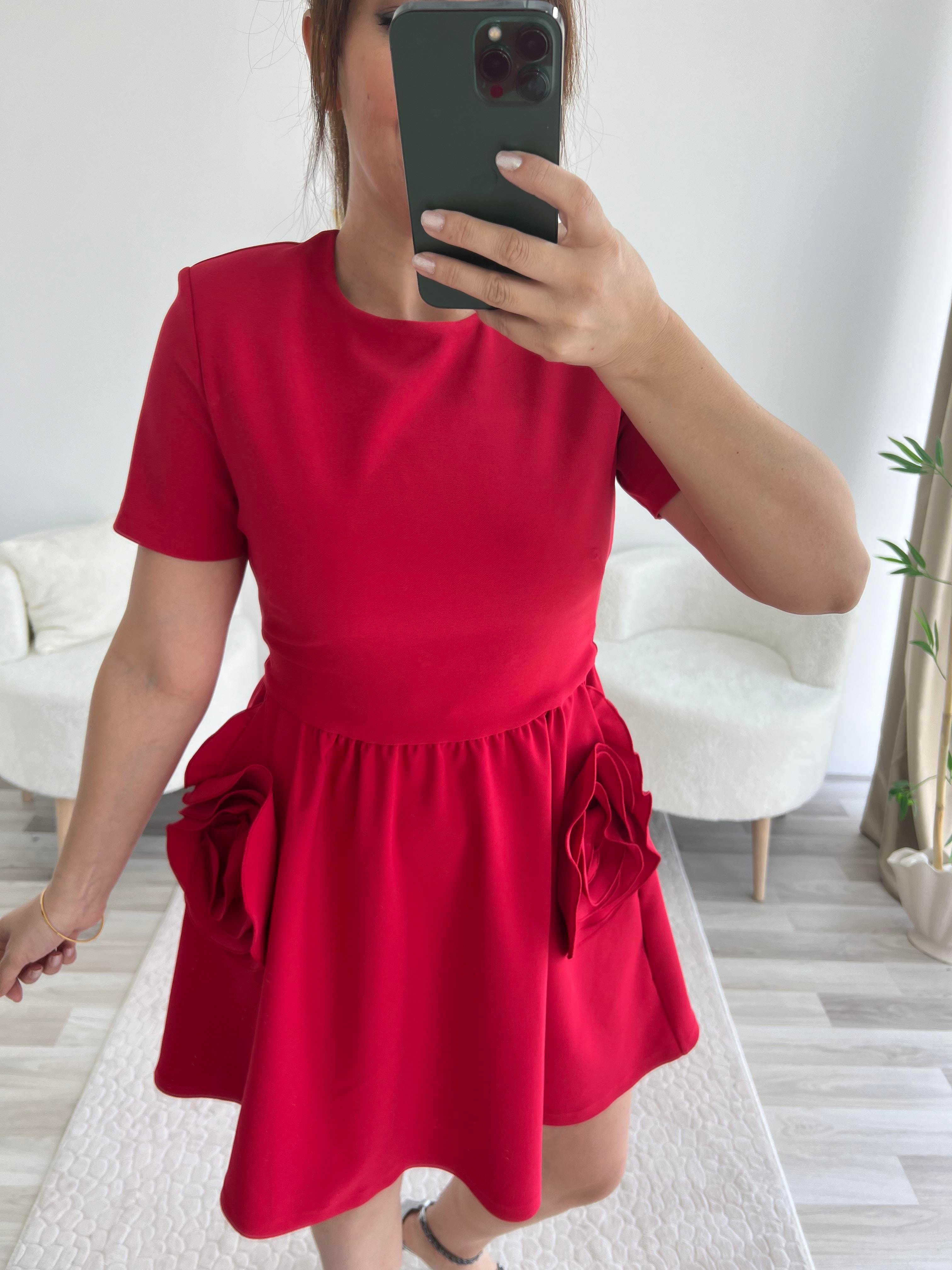 KIRMIZI ROSE CEPLİ ELBİSE