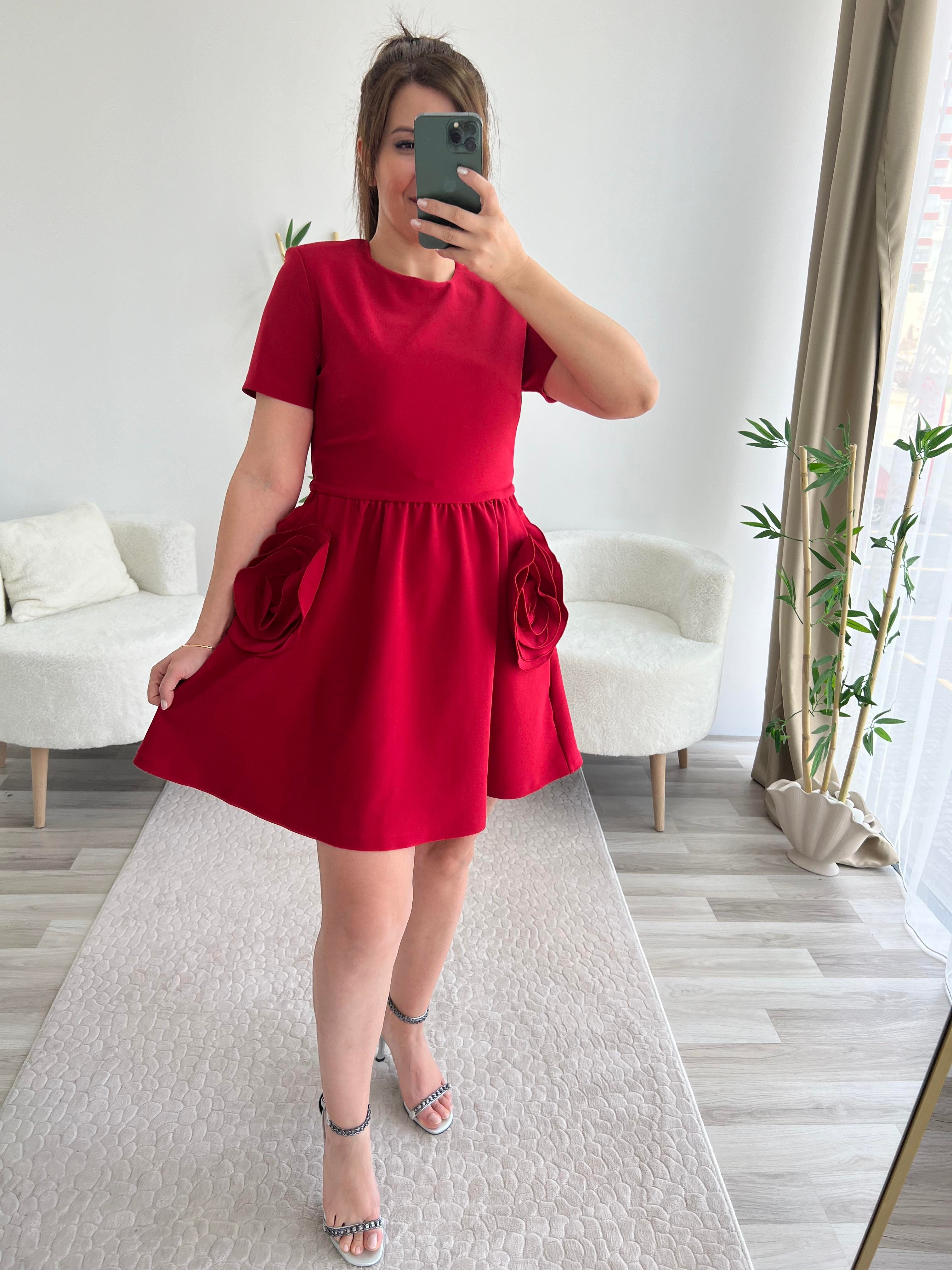KIRMIZI ROSE CEPLİ ELBİSE