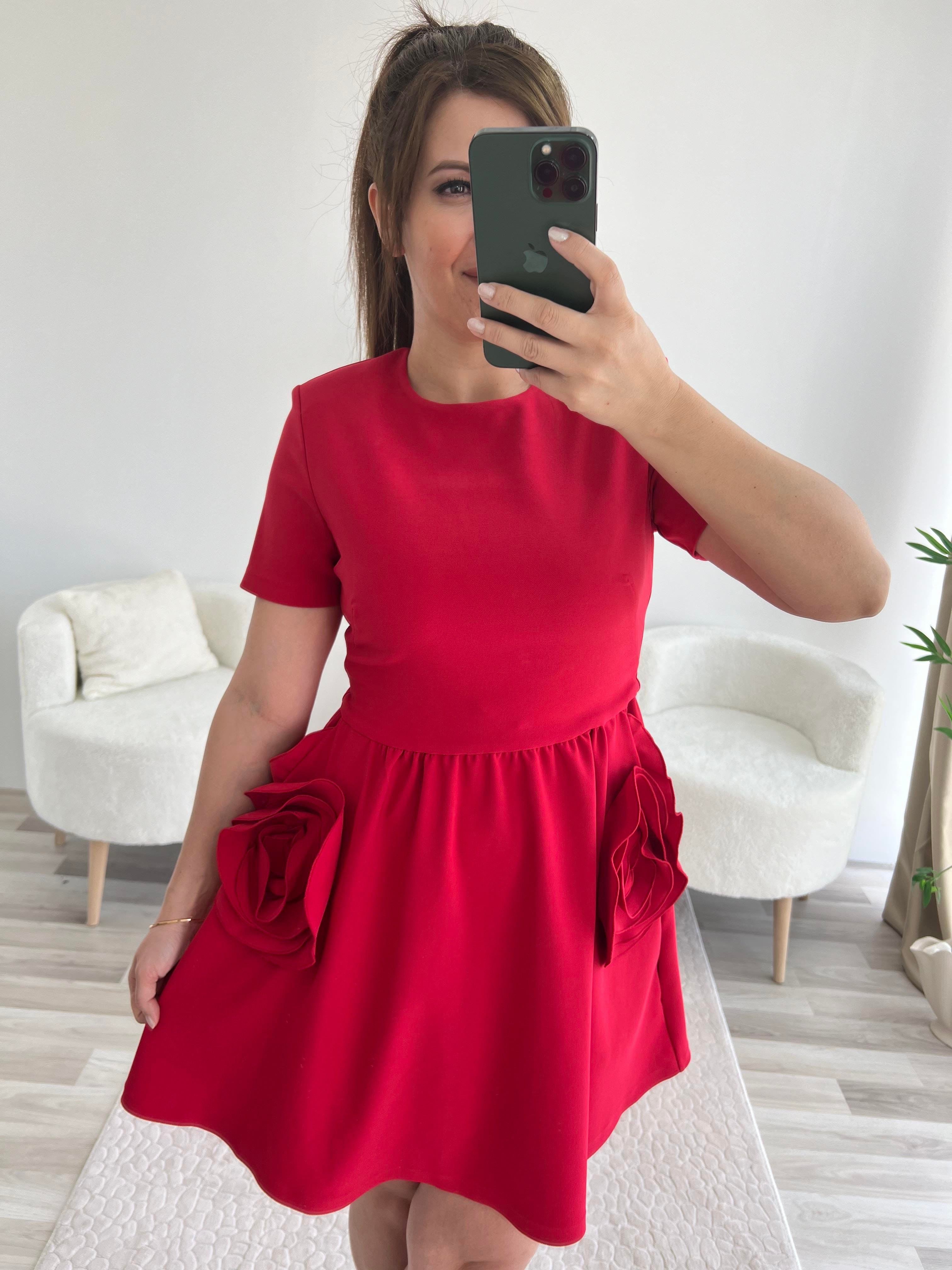 KIRMIZI ROSE CEPLİ ELBİSE