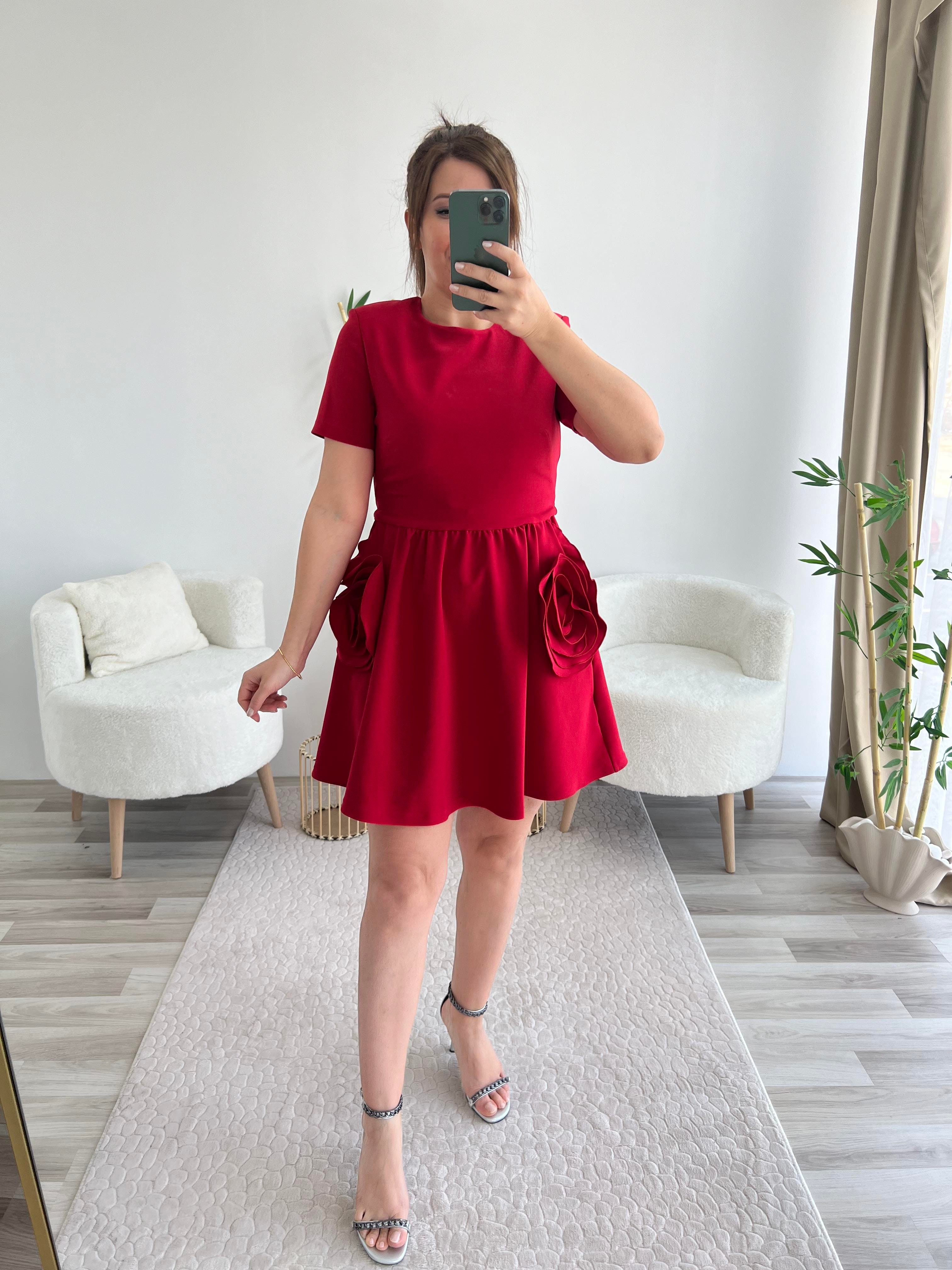 KIRMIZI ROSE CEPLİ ELBİSE