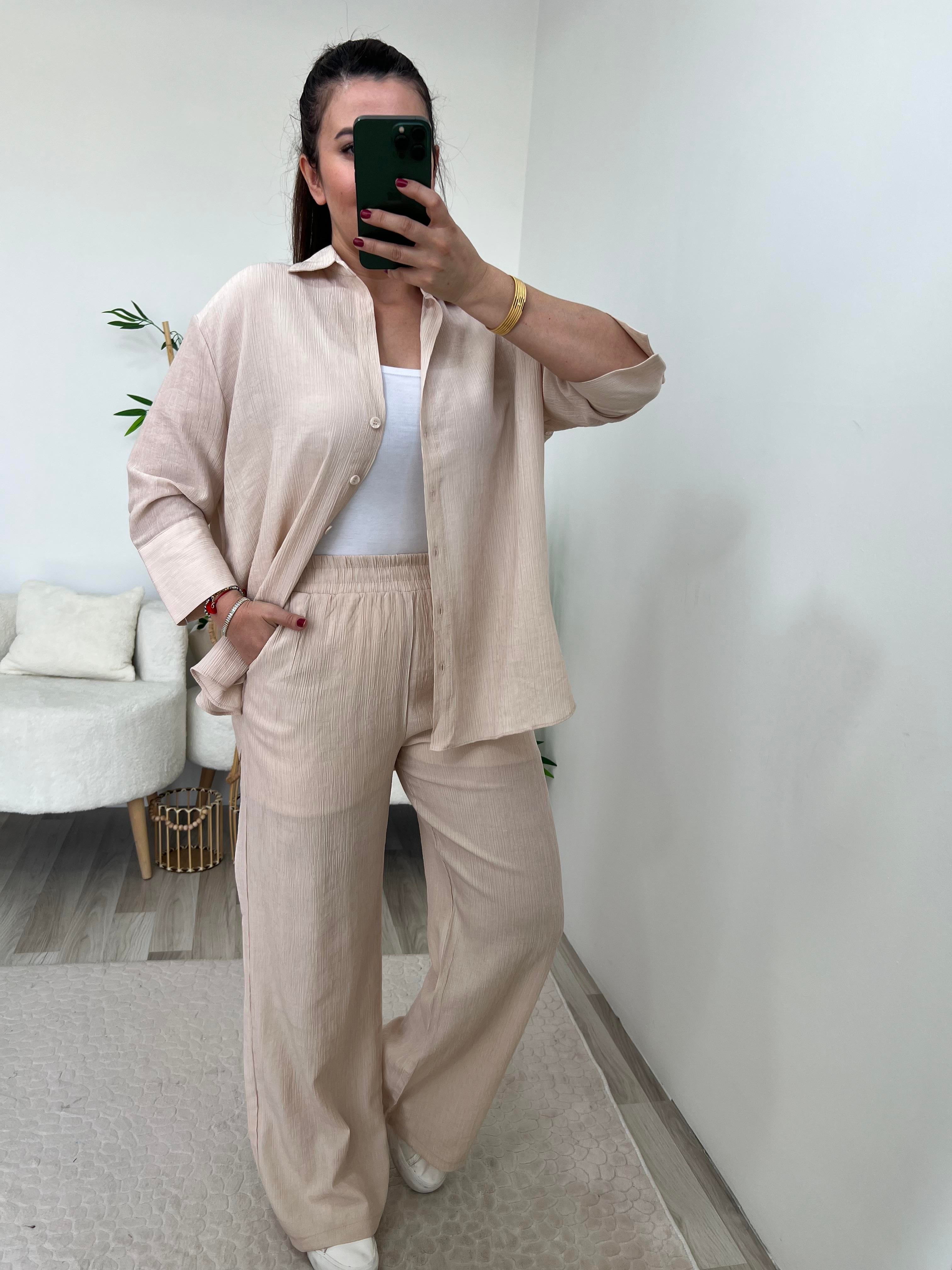 Krem Beli Lastikli Bol Pantolon