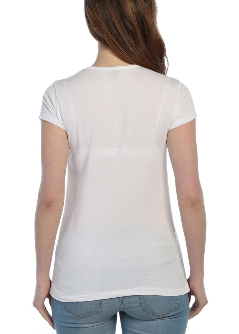3019 - Beyaz Bayan Kahve Fincanı Desenli,Baskılı T-Shirt