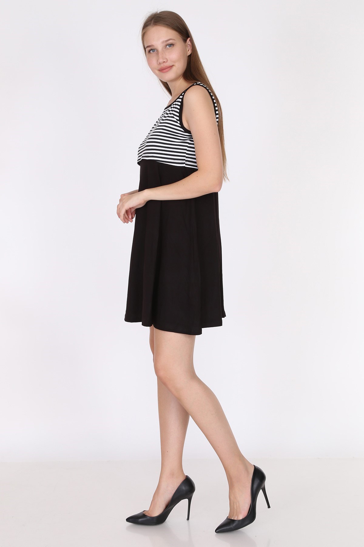Luvmabelly 5800 - Üstü Siyah Çizgili Altı Siyah kolsuz Emzirme Elbise