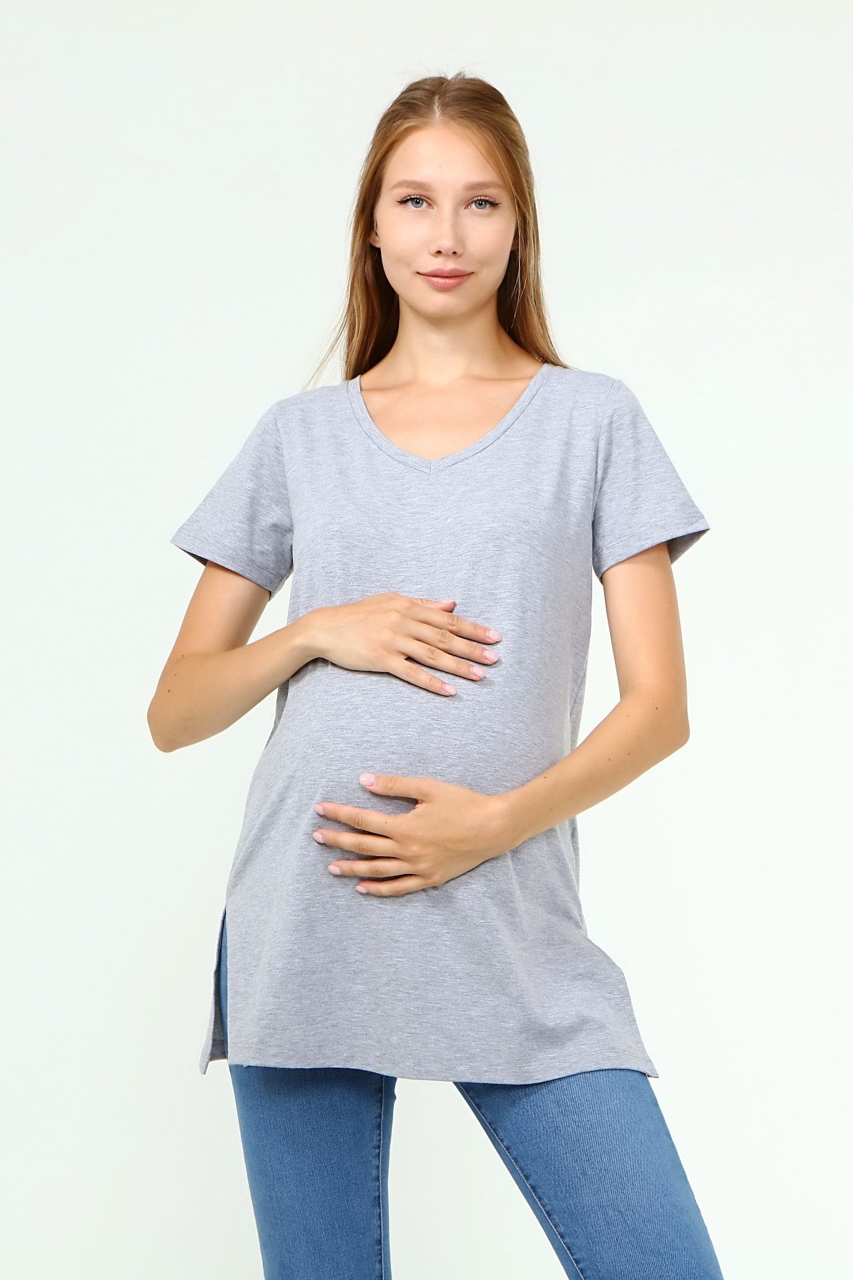 Luvmabelly MYRA2044 - Hamile Tshirt V yaka - Gri