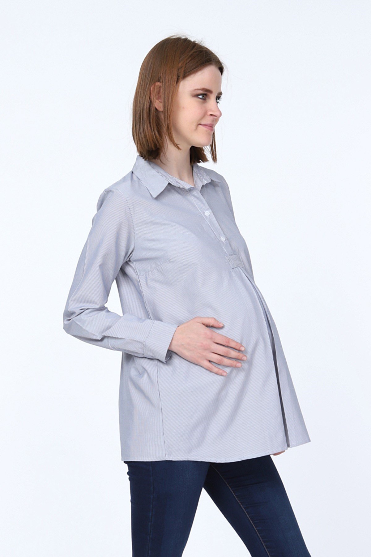Luvmabelly MYRA4041 - Pilikaşeli Siyah Çizgili Hamile Gömleği