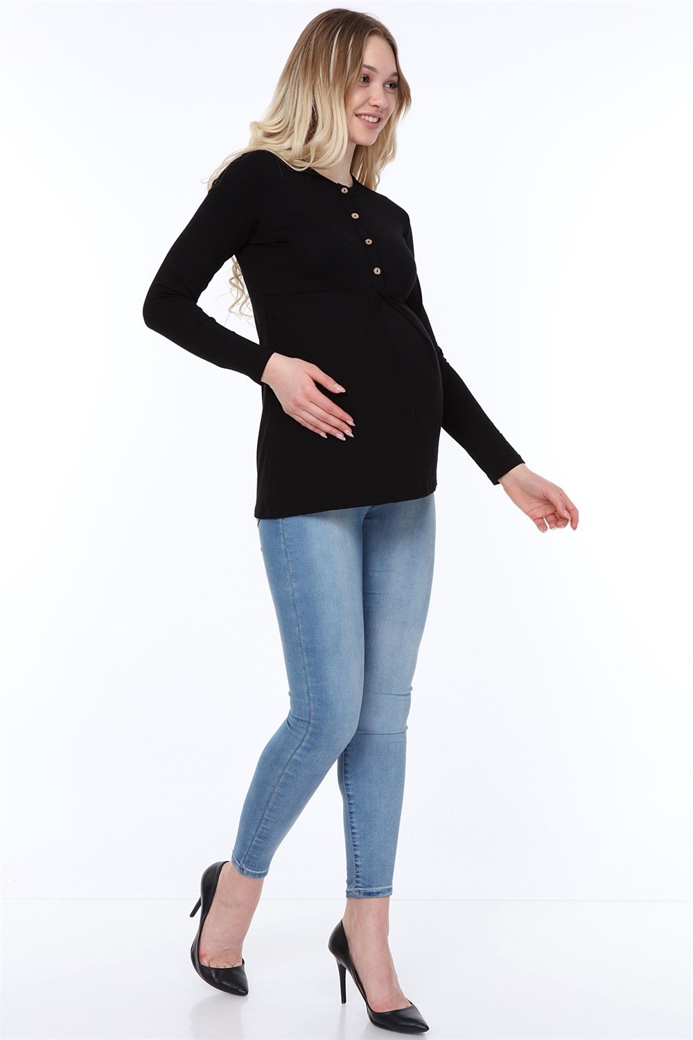 Luvmabelly MYRA4102 - Önden Düğmeli Bluz - Siyah - Kahve düğmeli