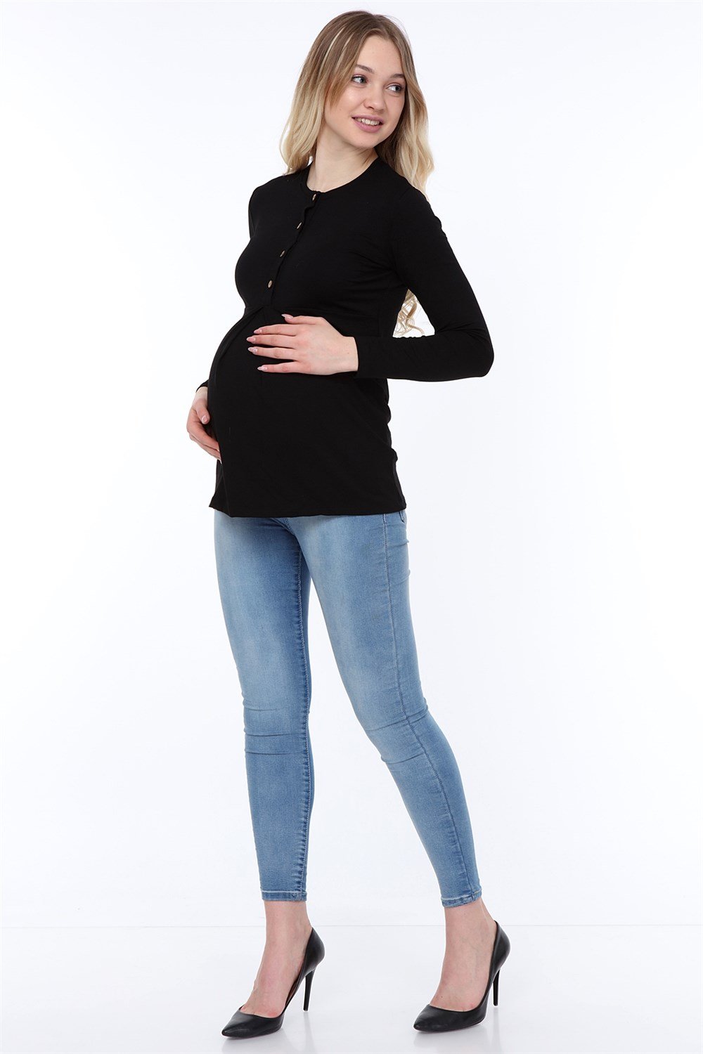 Luvmabelly MYRA4102 - Önden Düğmeli Bluz - Siyah - Kahve düğmeli