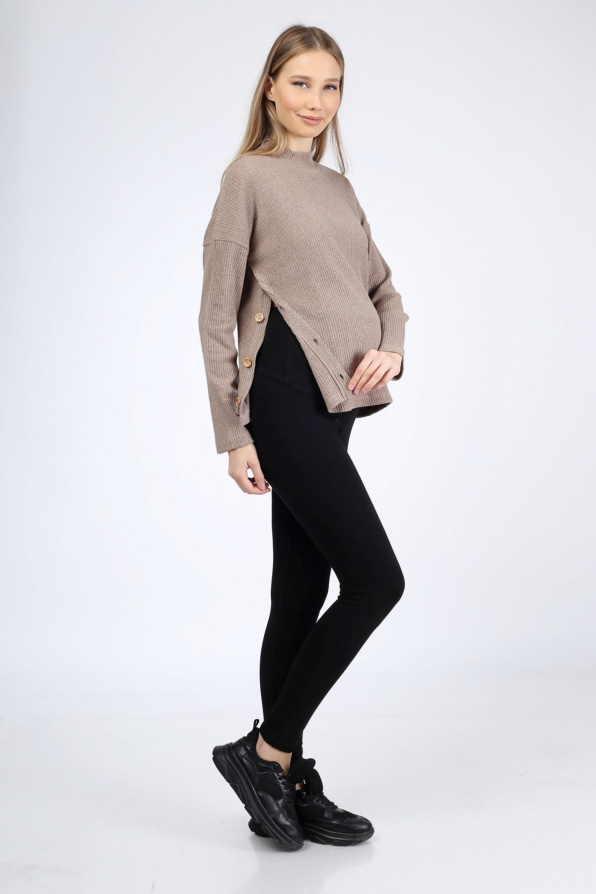 Luvmabelly MYRA4223 Yandan Düğmeli Emzirme Hamile Triko Bluz - Bej