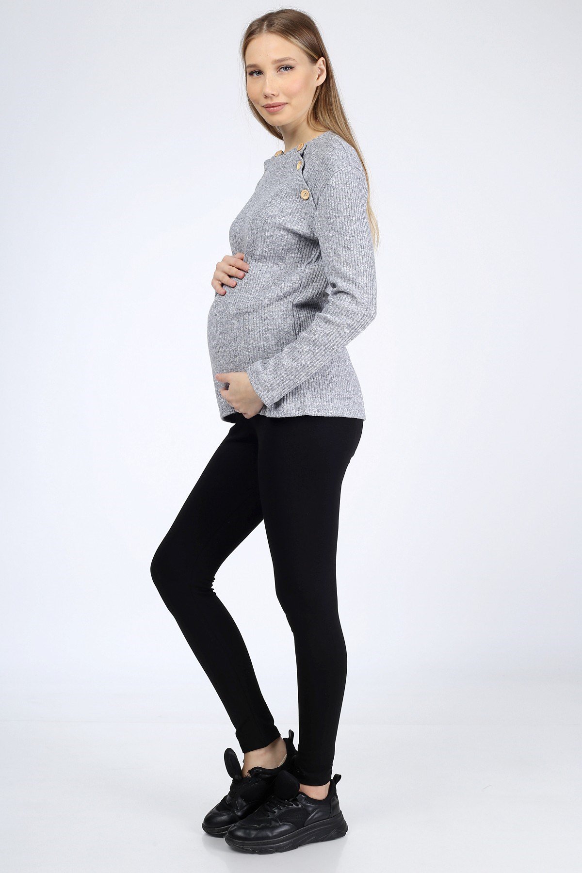 Luvmabelly MYRA4261 Üstten Düğmeli Emzirme Hamile Triko Bluz - Gri