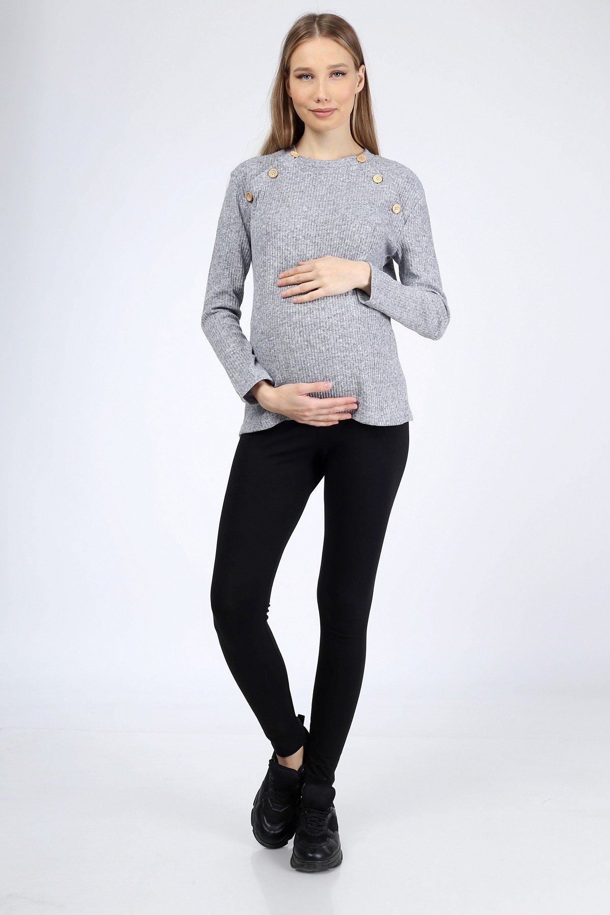 Luvmabelly MYRA4261 Üstten Düğmeli Emzirme Hamile Triko Bluz - Gri