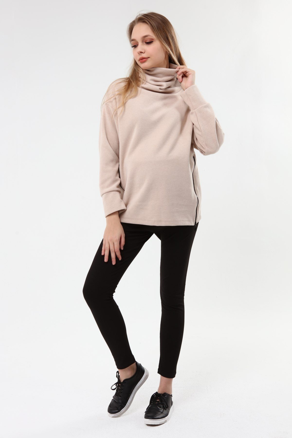 Luvmabelly MYRA4281 Fermuarlı Hamile Sweatshirt -Bej