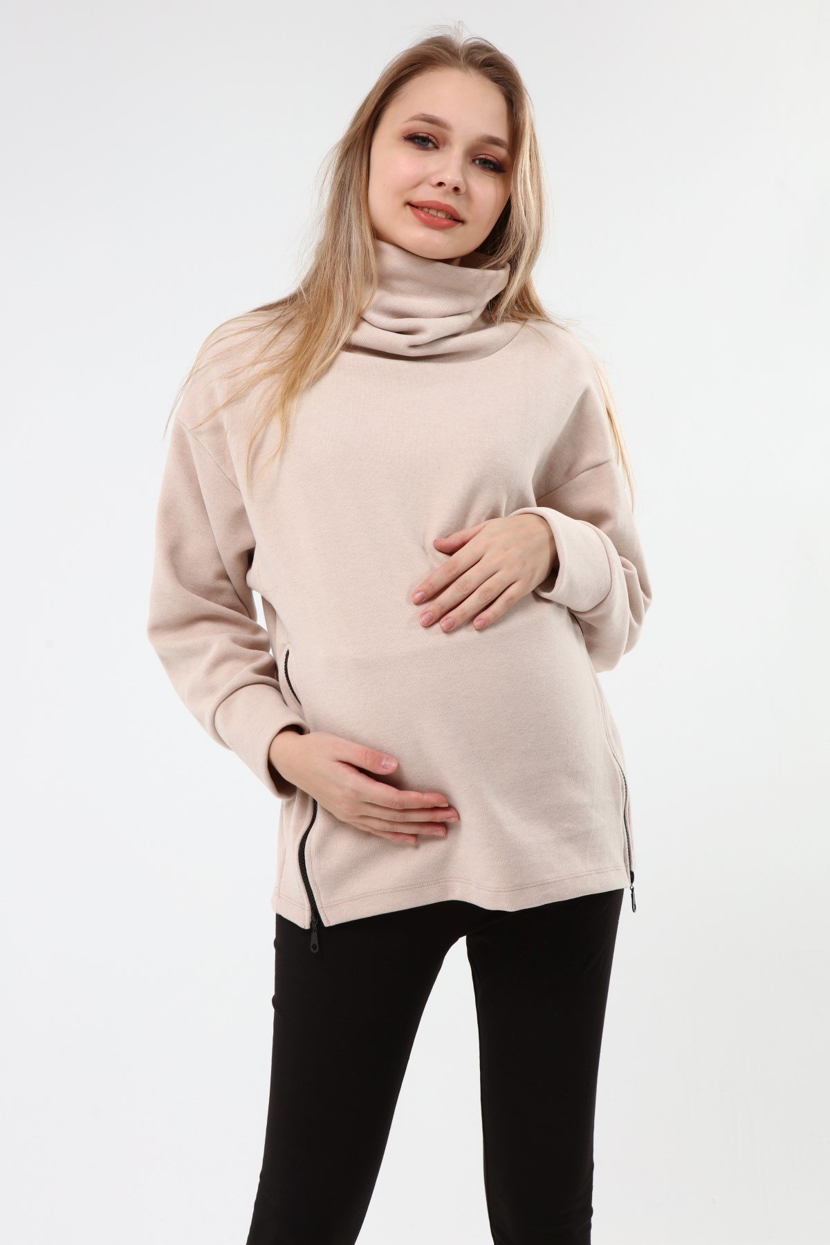 Luvmabelly MYRA4281 Fermuarlı Hamile Sweatshirt -Bej