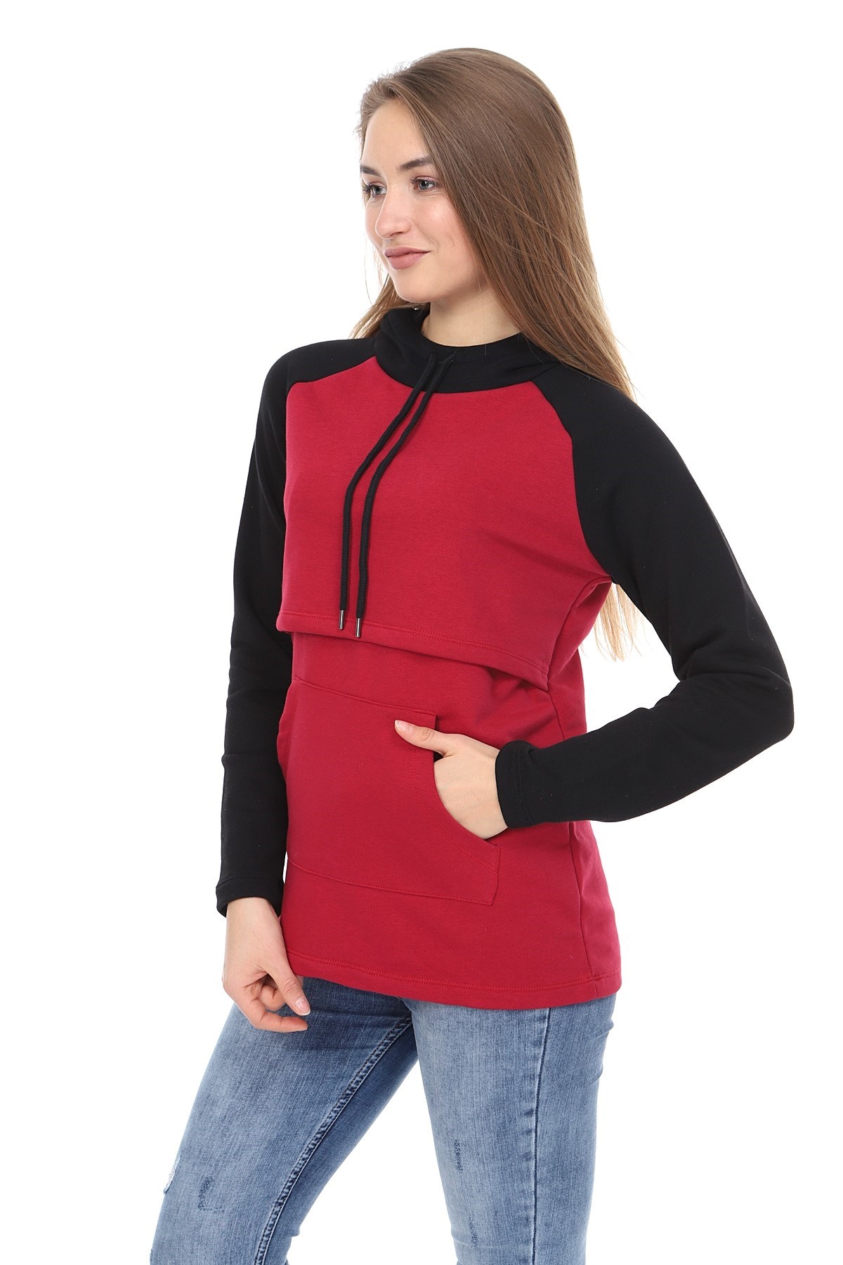 LuvmaBelly MYRA4523 Siyah&Bordo Parçalı Kapüşonlu ve Cepli Emzirme Sweatshirt