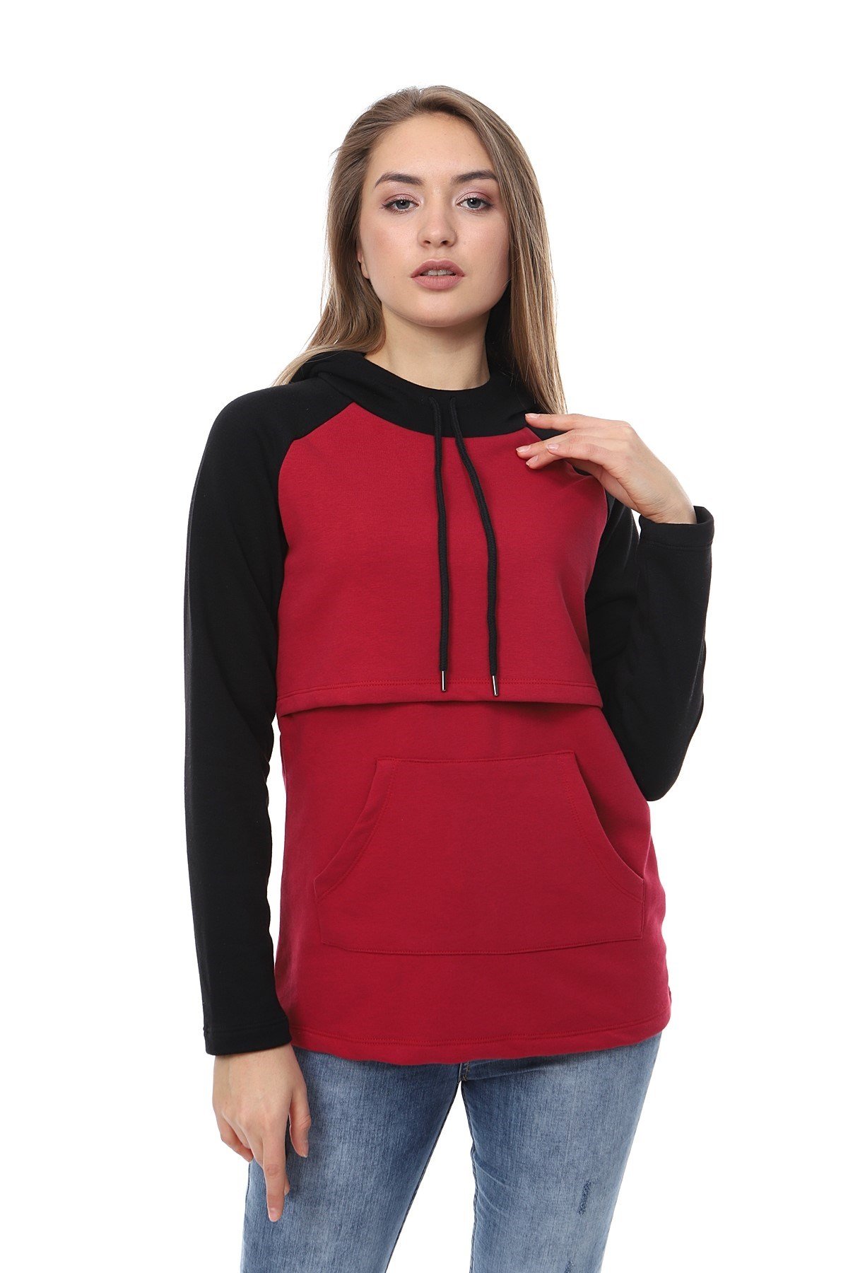 LuvmaBelly MYRA4523 Siyah&Bordo Parçalı Kapüşonlu ve Cepli Emzirme Sweatshirt