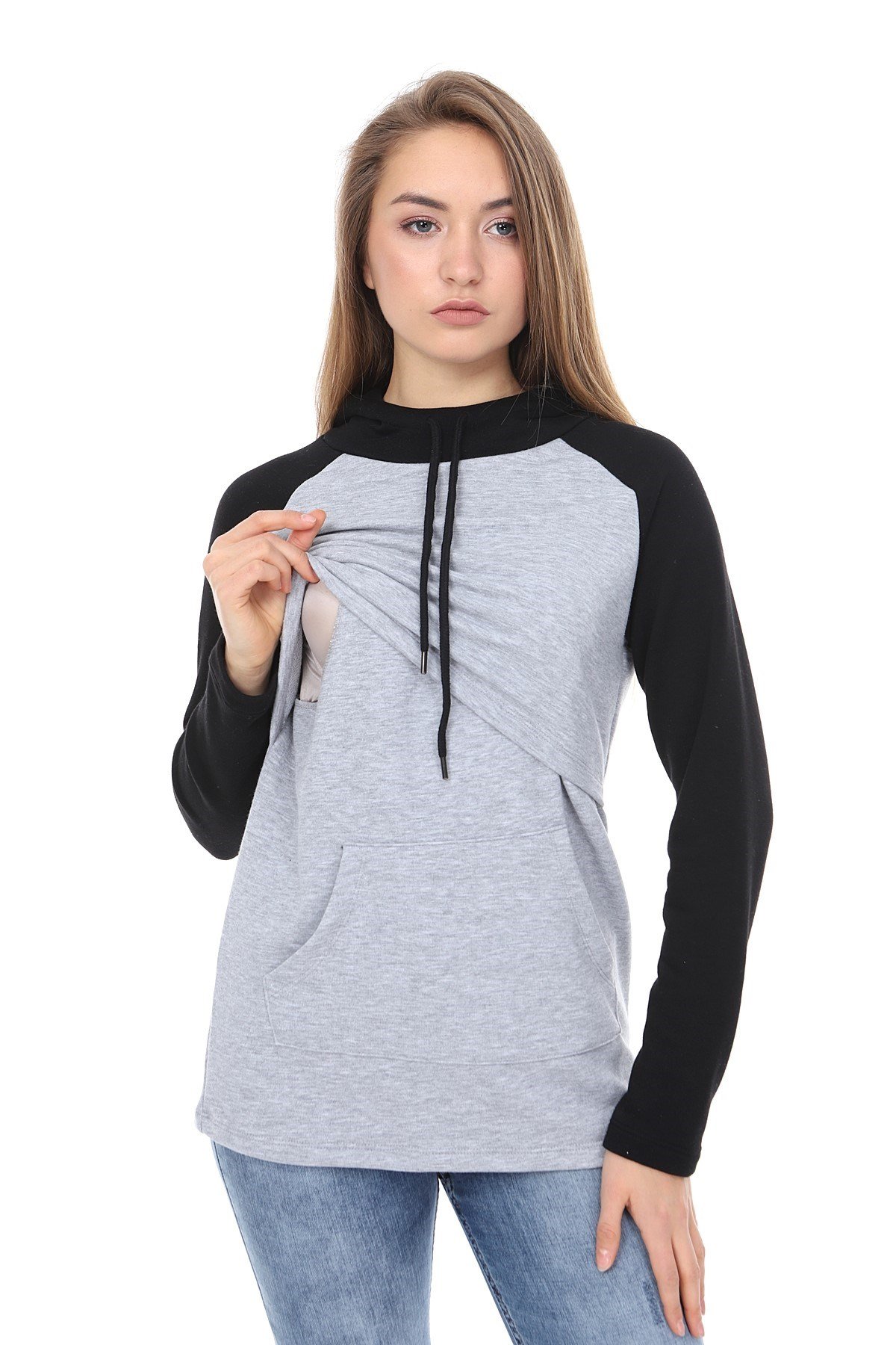 LuvmaBelly MYRA4524 Siyah&Gri Parçalı Kapüşonlu ve Cepli Emzirme Sweatshirt