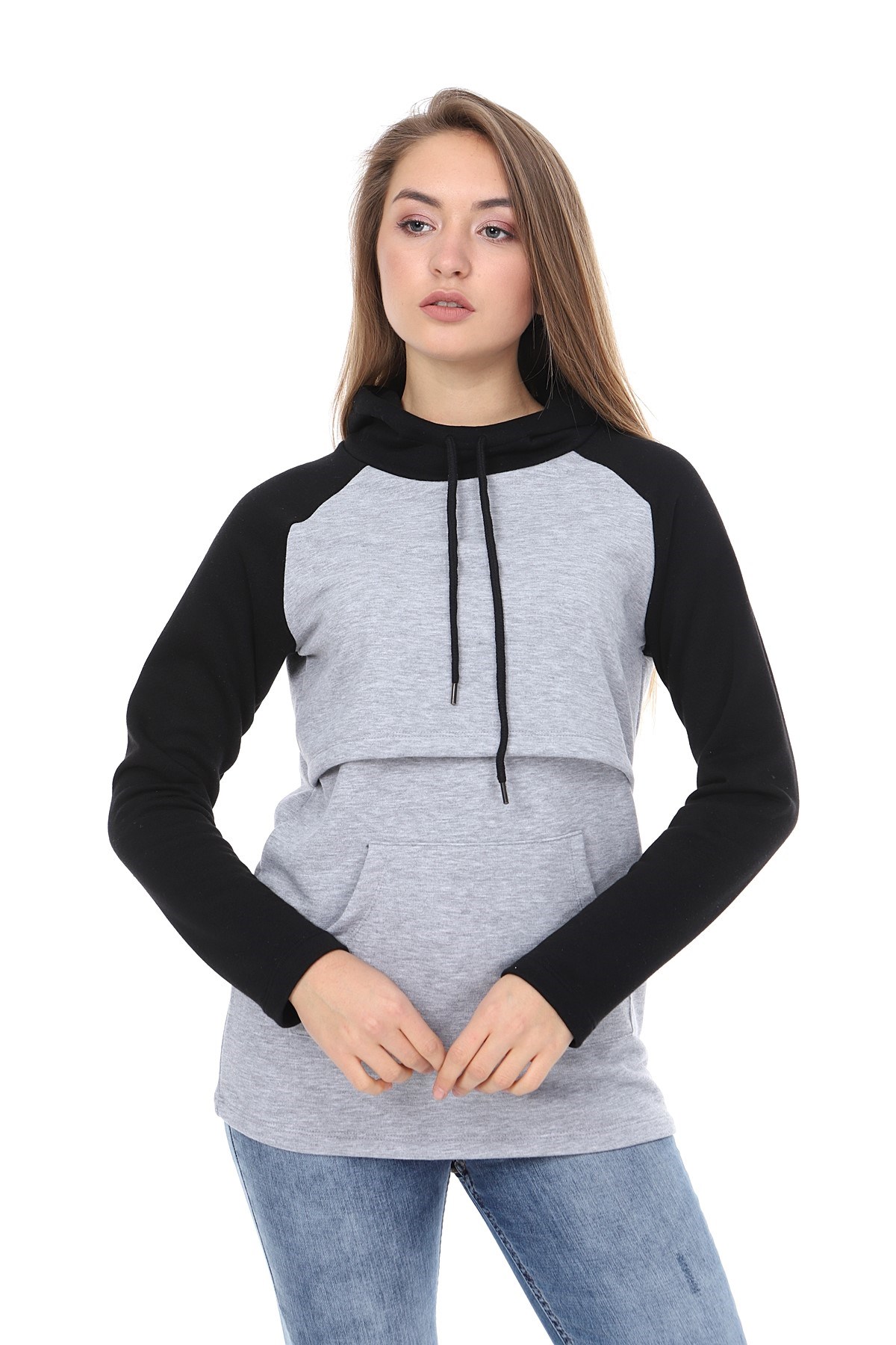 LuvmaBelly MYRA4524 Siyah&Gri Parçalı Kapüşonlu ve Cepli Emzirme Sweatshirt