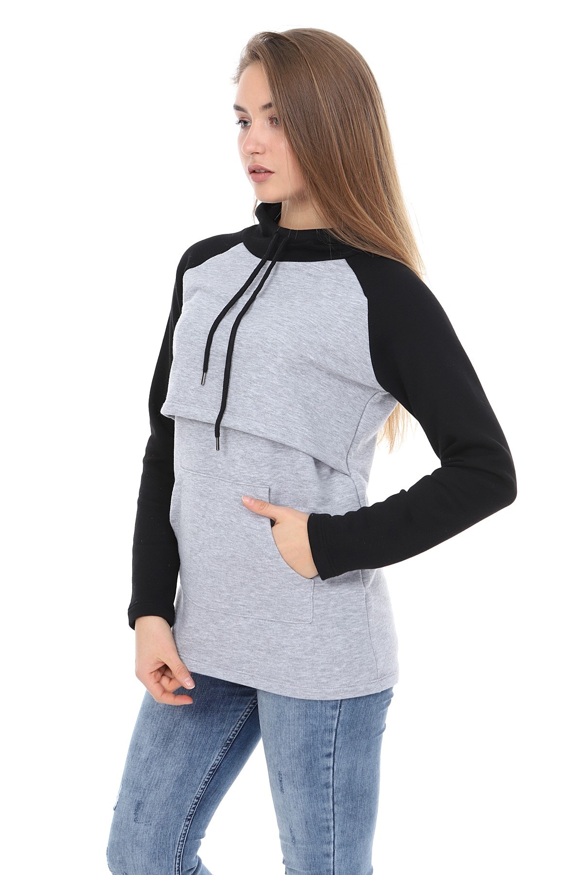 LuvmaBelly MYRA4524 Siyah&Gri Parçalı Kapüşonlu ve Cepli Emzirme Sweatshirt