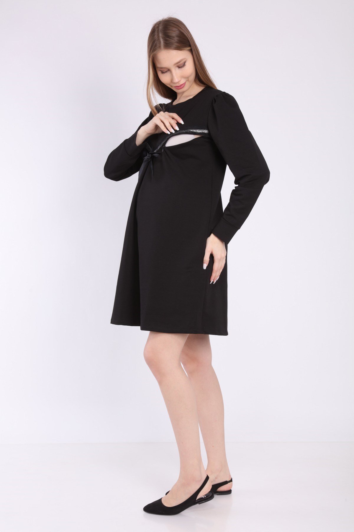 Luvmabelly MYRA5560 Fiyonklu Emzirme Özellikli Hamile Elbise -Siyah