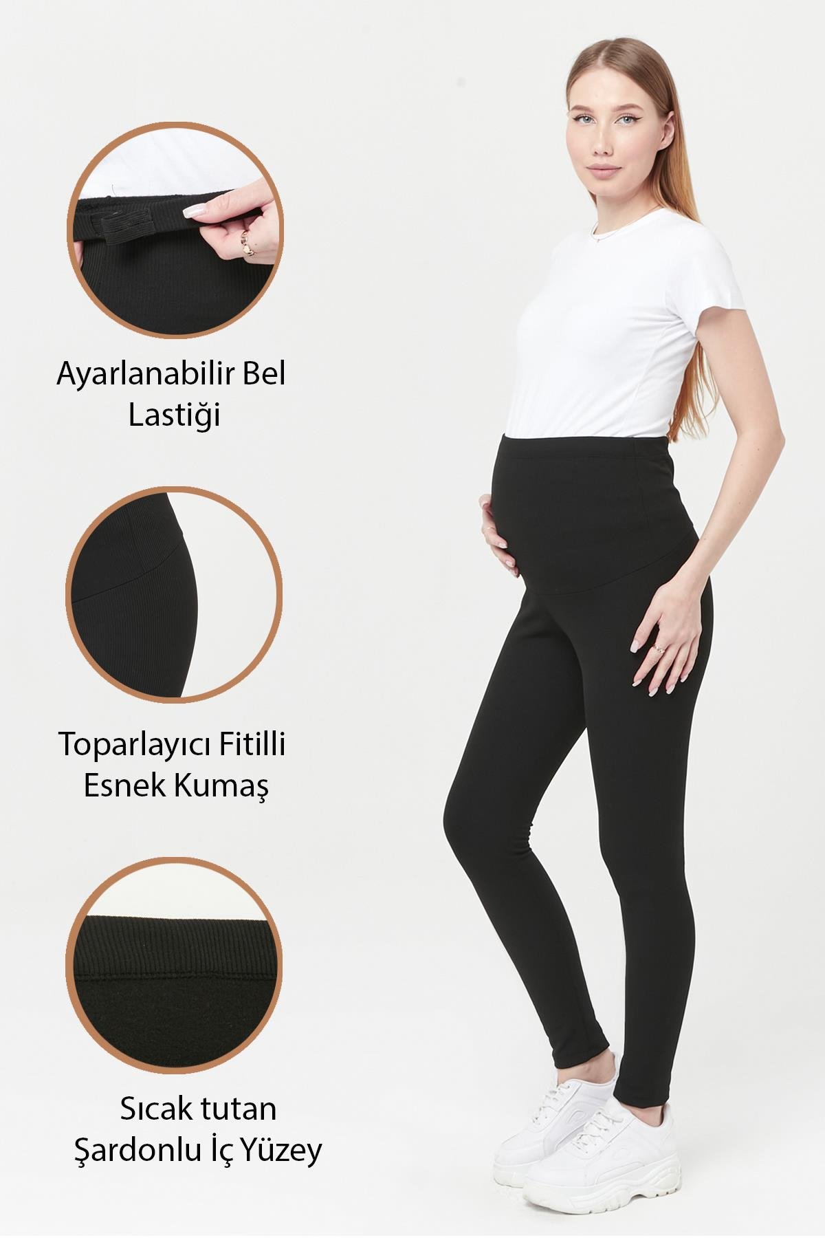 Luvmabelly MYRA8068 Toparlayıcı Fitilli Termal İçi Şardonlu Sıcak Tutan Beli Ayarlanabilir Hamile Tayt-Siyah