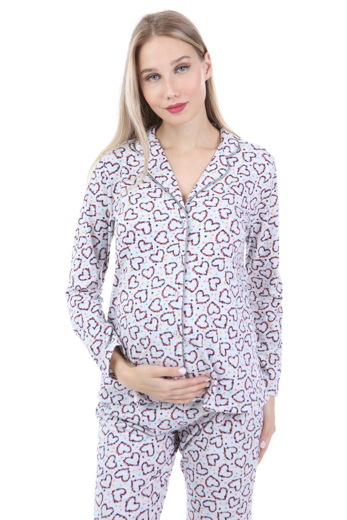 Luvmabelly MYRA9536 Düğmeli Biyeli Hamile Pijama Takımı - Kalpli - Gri