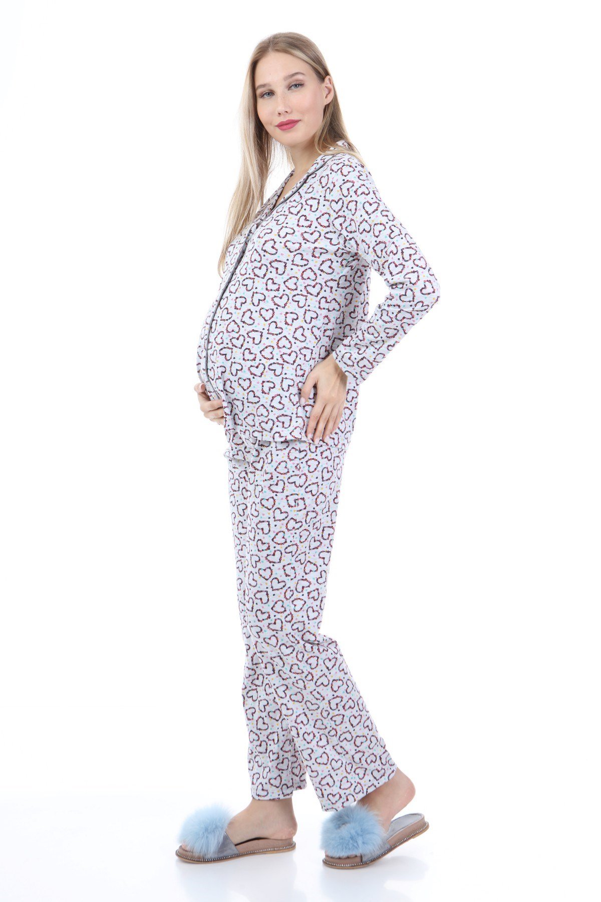 Luvmabelly MYRA9536 Düğmeli Biyeli Hamile Pijama Takımı - Kalpli - Gri