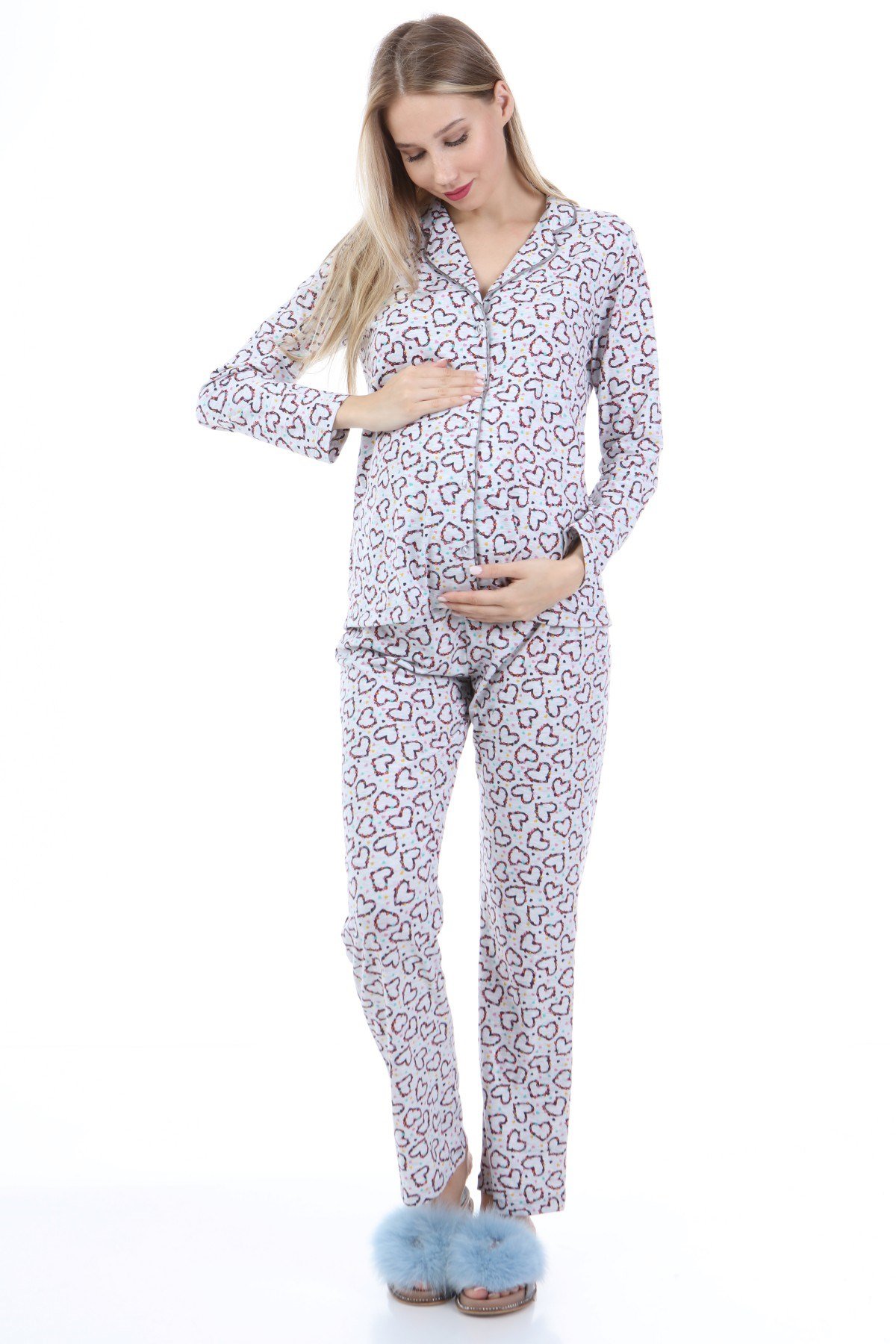 Luvmabelly MYRA9536 Düğmeli Biyeli Hamile Pijama Takımı - Kalpli - Gri