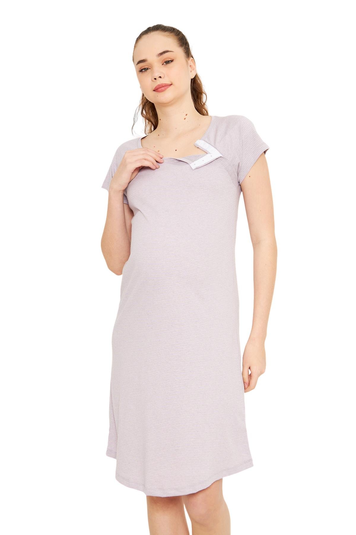 Luvmabelly MYRA9584 Yandan Çıt Çıtlı Hamile Geceliği - Mor Çizgili