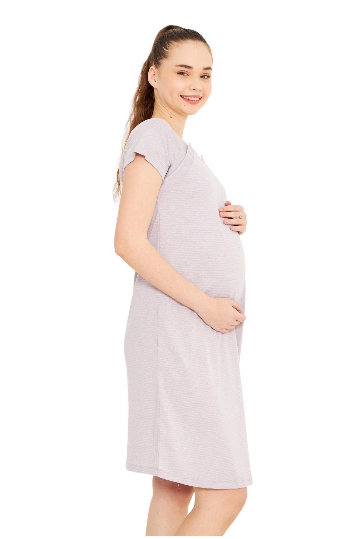 Luvmabelly MYRA9584 Yandan Çıt Çıtlı Hamile Geceliği - Mor Çizgili