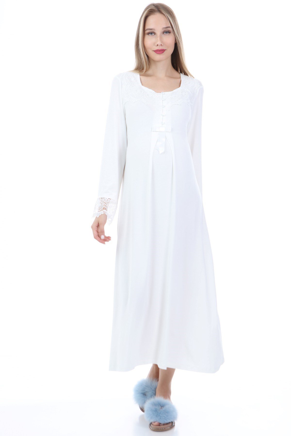 Luvmabelly MYRA9620 Dantelli Düğmeli Hamile Gecelik - Ekru
