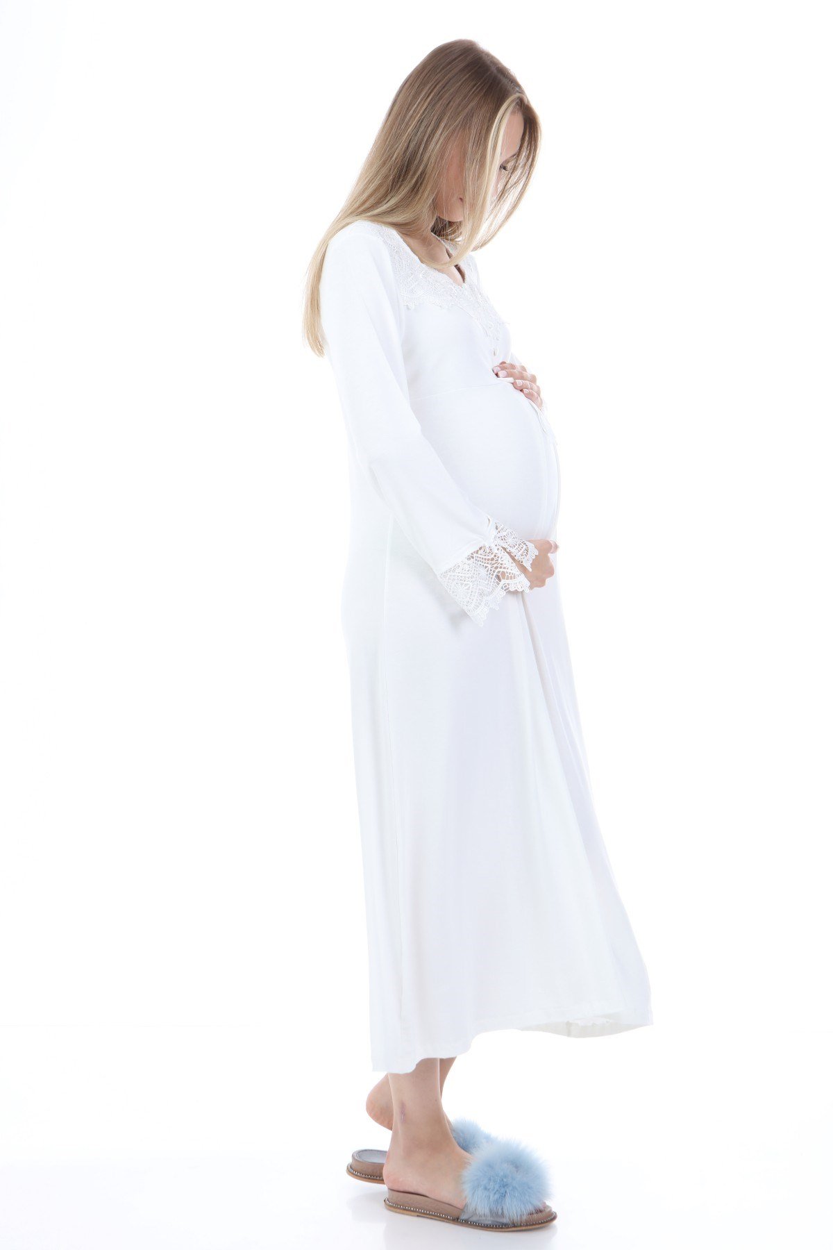 Luvmabelly MYRA9620 Dantelli Düğmeli Hamile Gecelik - Ekru