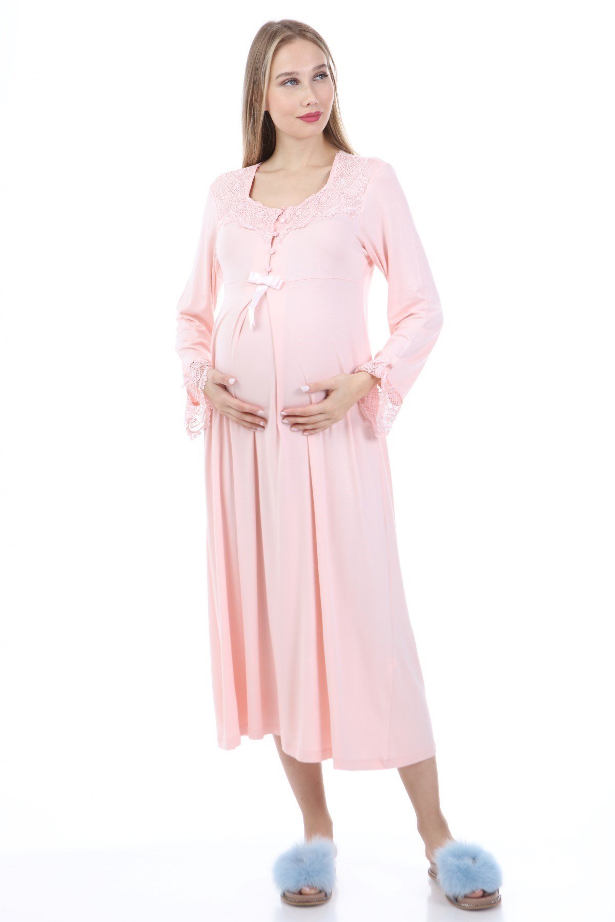 Luvmabelly MYRA9622 Dantelli Düğmeli Hamile Gecelik - Pembe