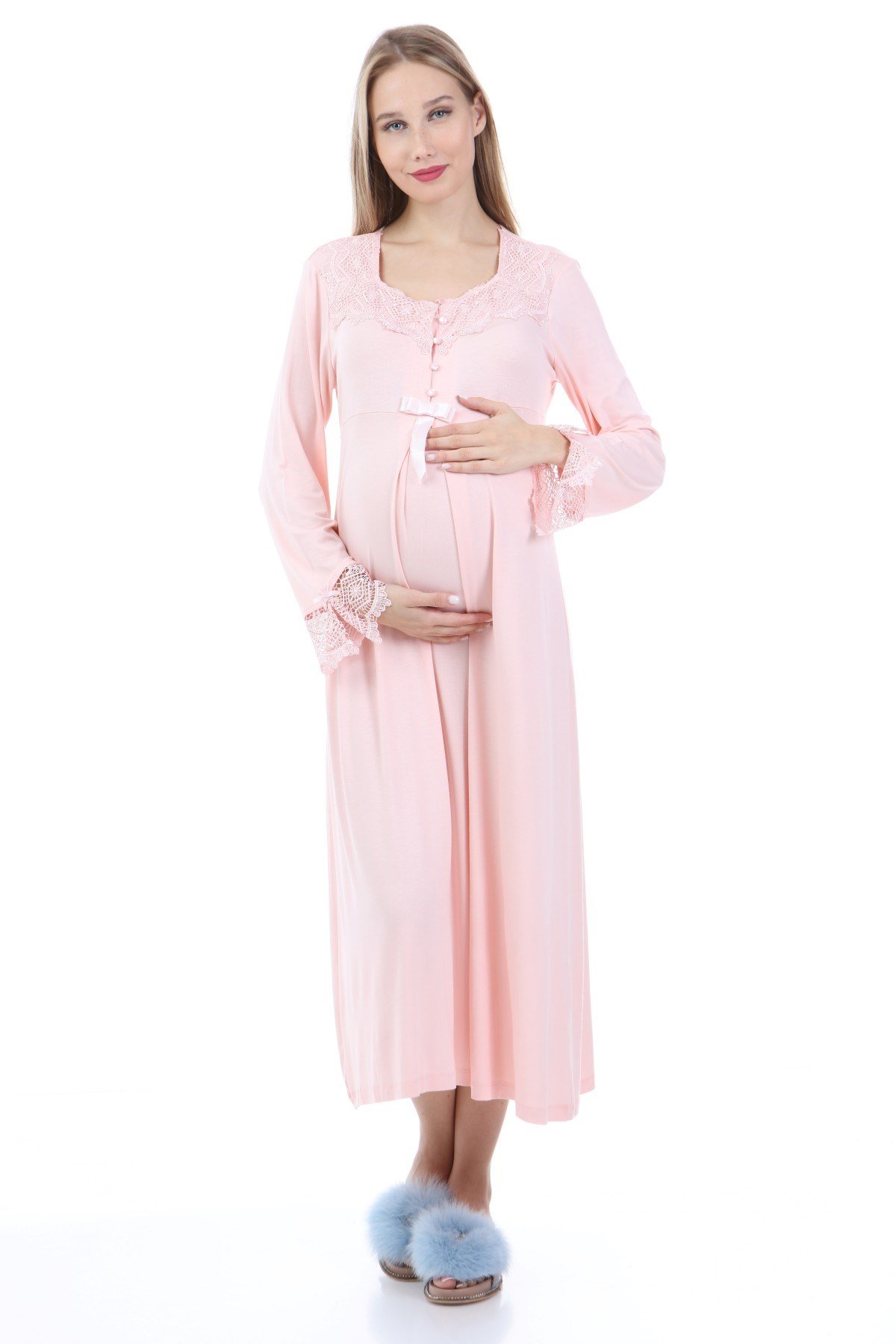 Luvmabelly MYRA9622 Dantelli Düğmeli Hamile Gecelik - Pembe