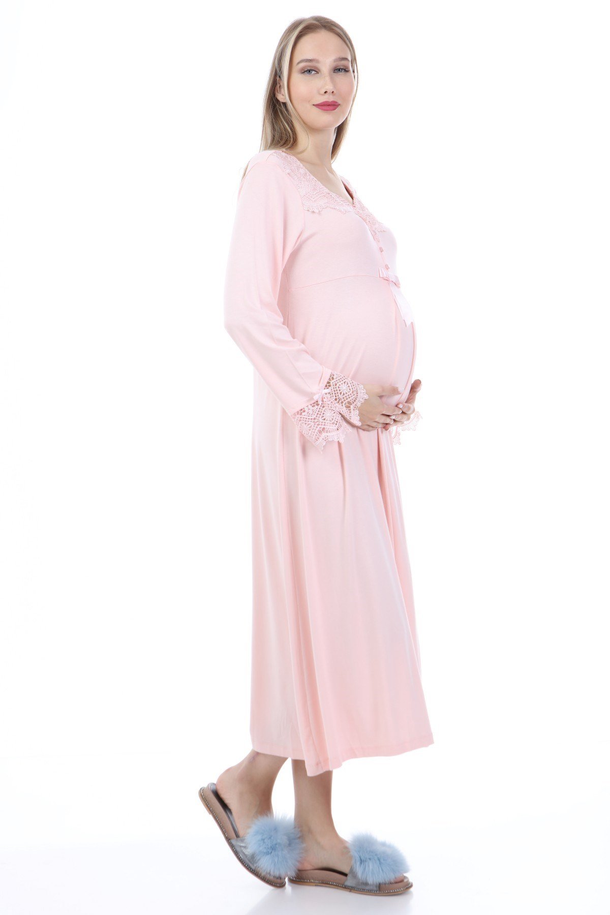 Luvmabelly MYRA9622 Dantelli Düğmeli Hamile Gecelik - Pembe