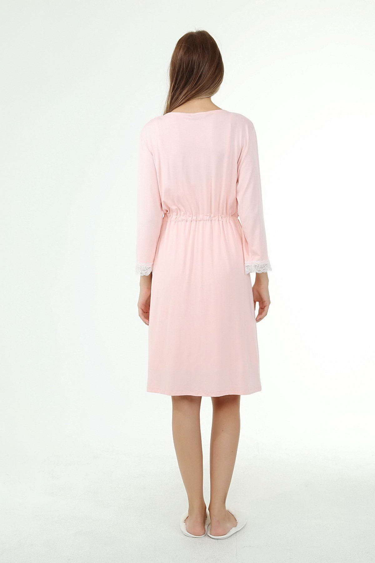Luvmabelly MYRA9650 Sabahlıklı Önden Bölmeli Dantelli Emzirme Geceliği -Pembe