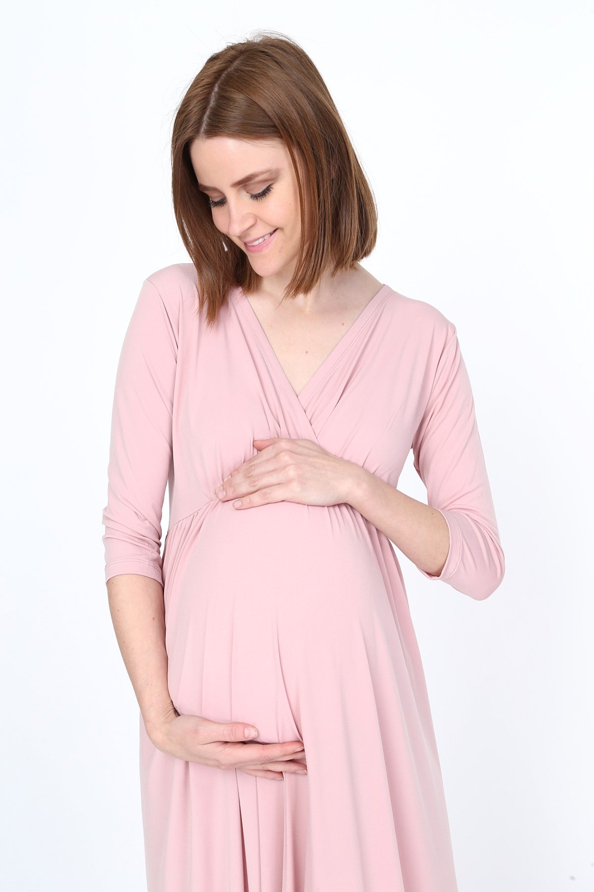 Luvmabelly PLNL5218 - Truvakar Kol Kruvaze Yaka Beli Büzgülü Uzun Pudra Hamile Elbisesi