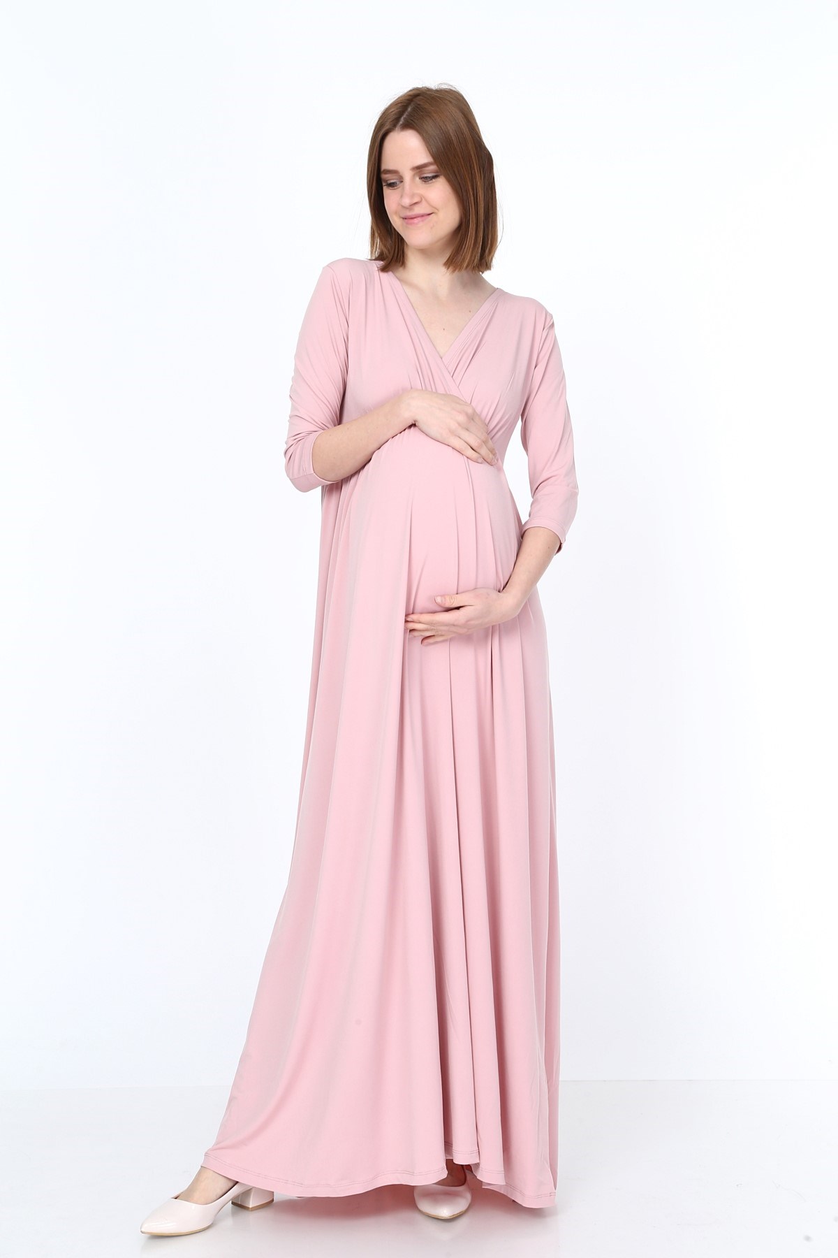 Luvmabelly PLNL5218 - Truvakar Kol Kruvaze Yaka Beli Büzgülü Uzun Pudra Hamile Elbisesi
