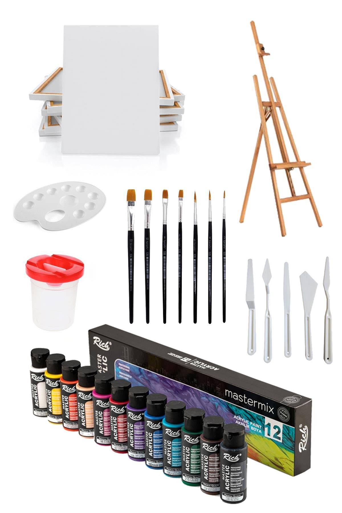 everart Akrilik Boya Seti 12 Renk -şövalye-tuval Fırça Seti -spatula- evrt029