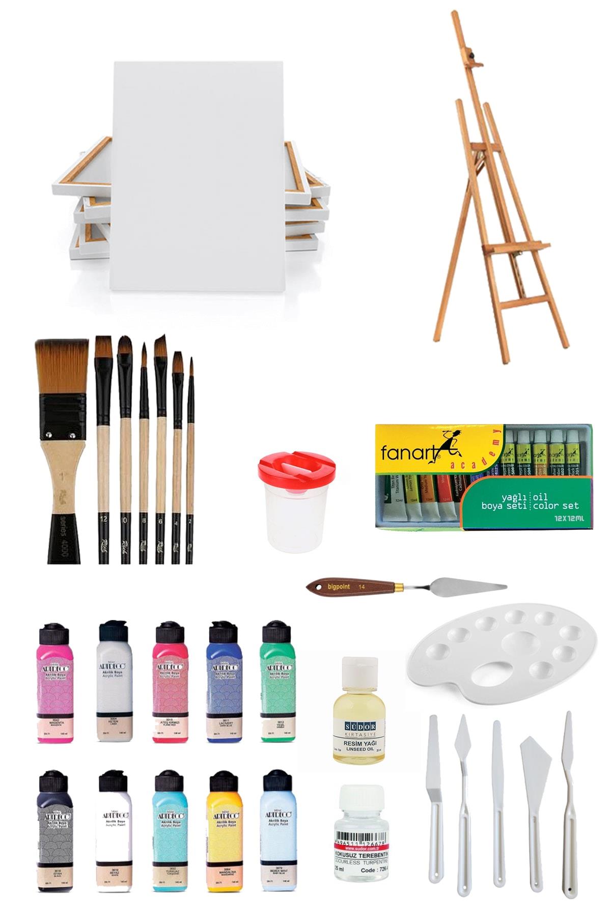 everart Artdeco 140 Ml Akrilik Boya Ve Fanart 12x12 Ml Yağlı Boya Seti Ve 25x35+35x50 Tuval Şövale Set evrt13