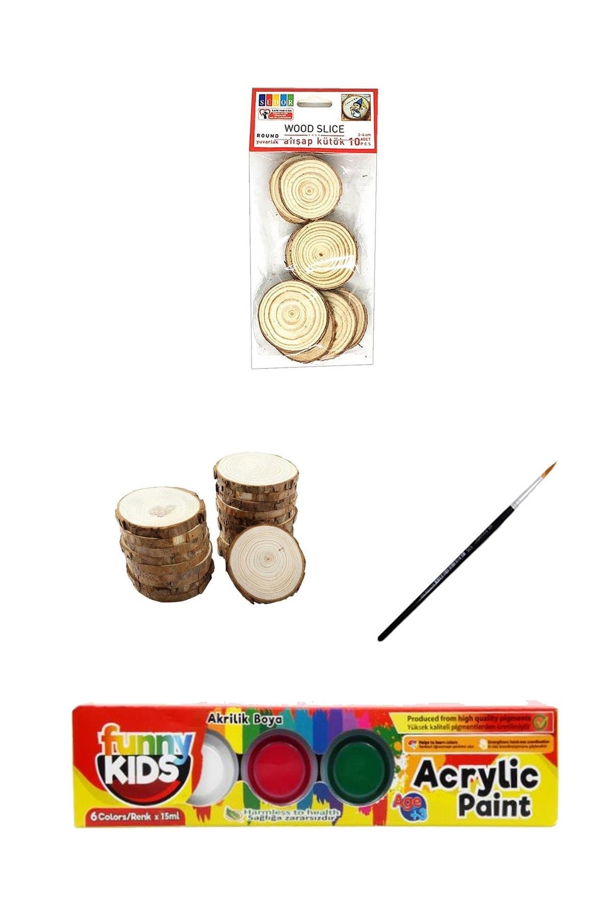 everart Funny Kids Akrilik Boya 6 Renk 15 Ml Südor 5-6 Cm 6'lı Ahşap Kütük Boyama Seti evrts27