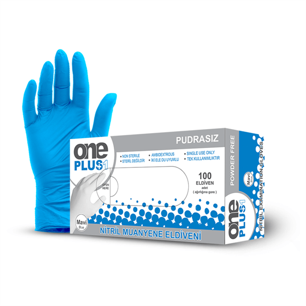 ONE PLUS NİTRİL PUDRASIZ MUAYENE ELDİVENİ MAVİ M