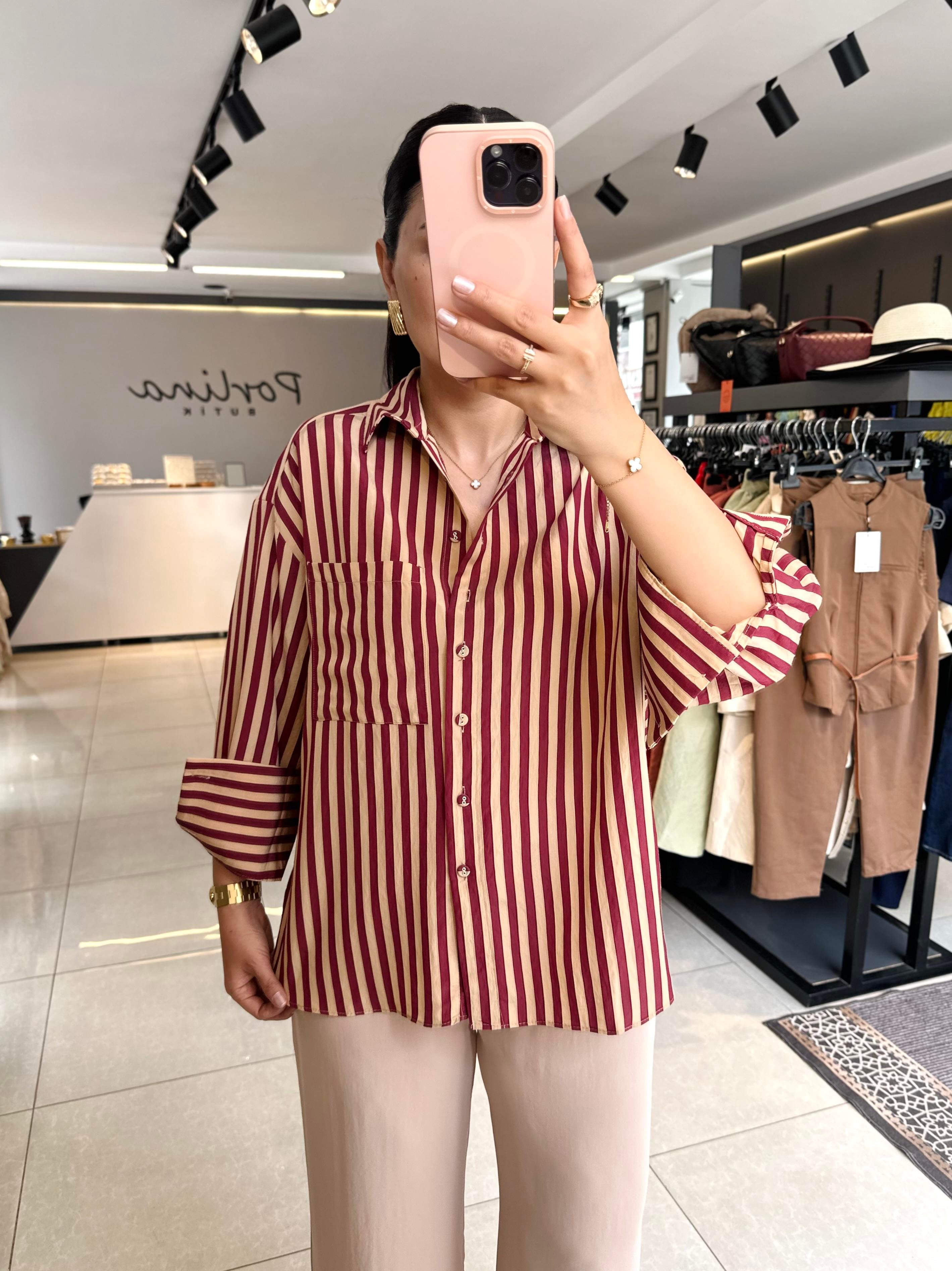 Bordo Camel Tensel Kumaş Çizgili Oversize Gömlek