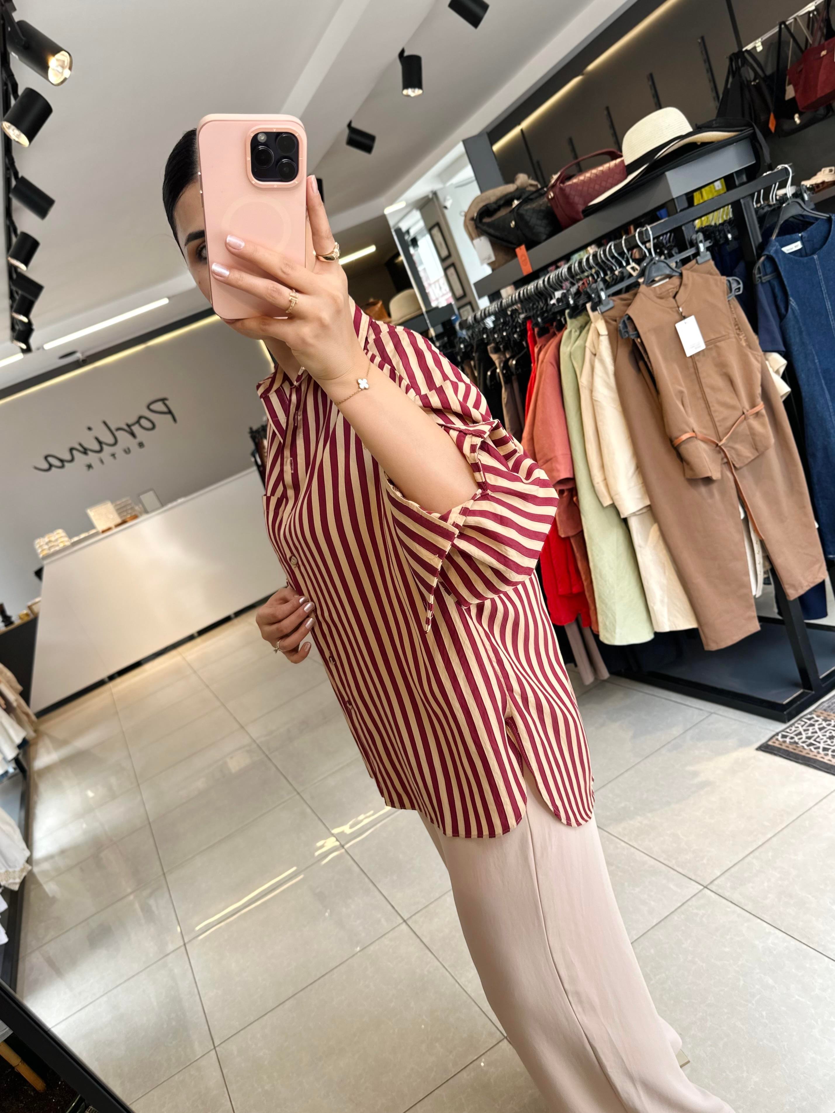 Bordo Camel Tensel Kumaş Çizgili Oversize Gömlek