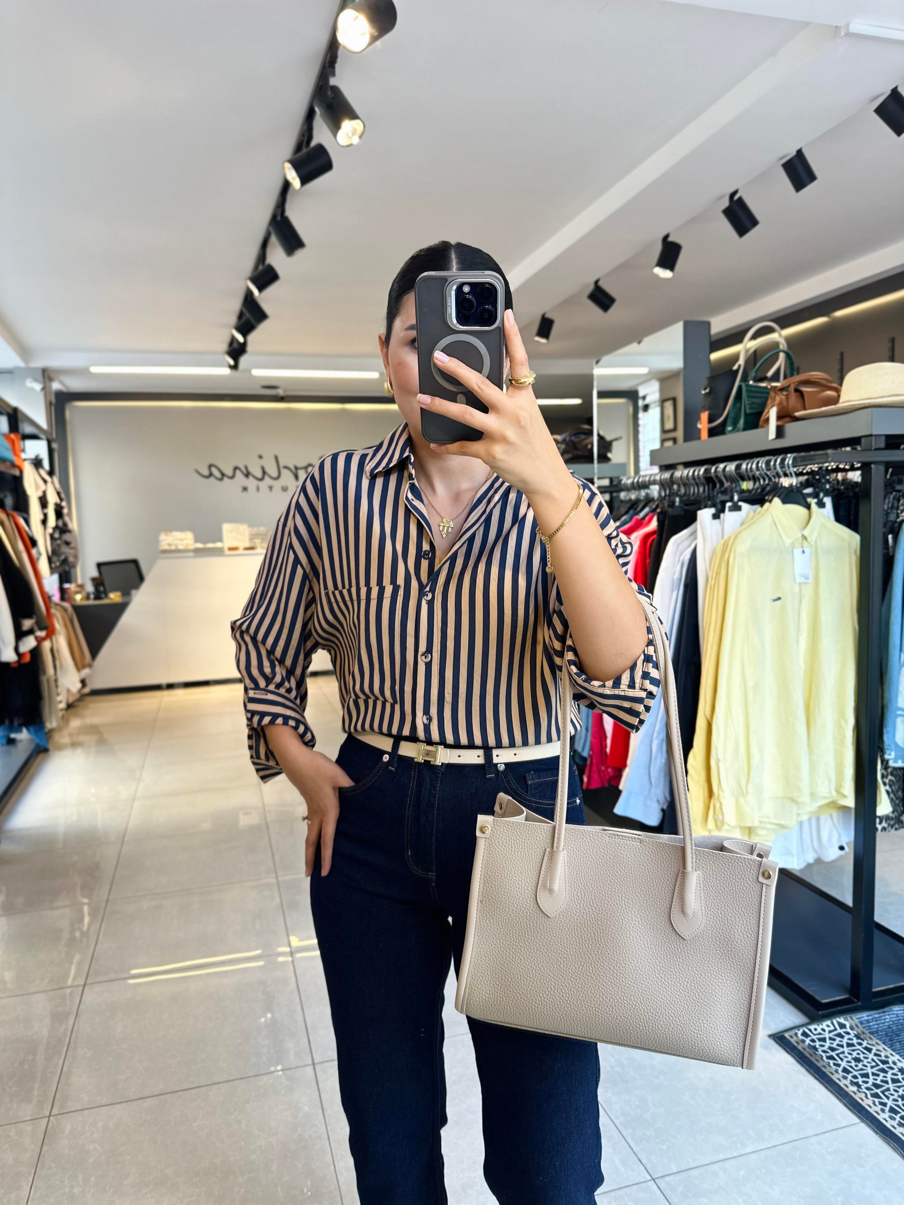 Lacivert Krem Çizgili Oversize Gömlek