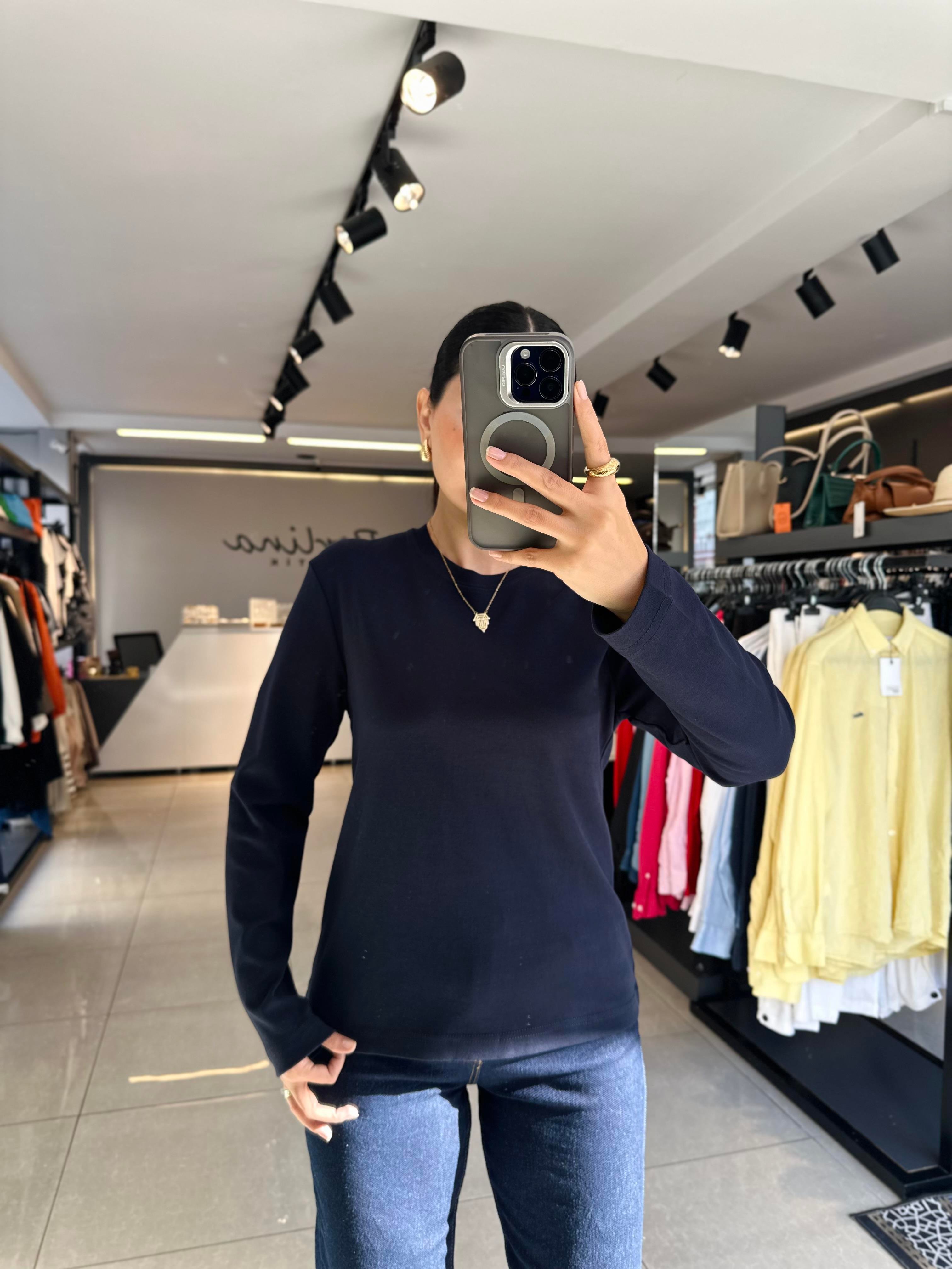 Lacivert Massimo Uzun Kol Basic Bluz