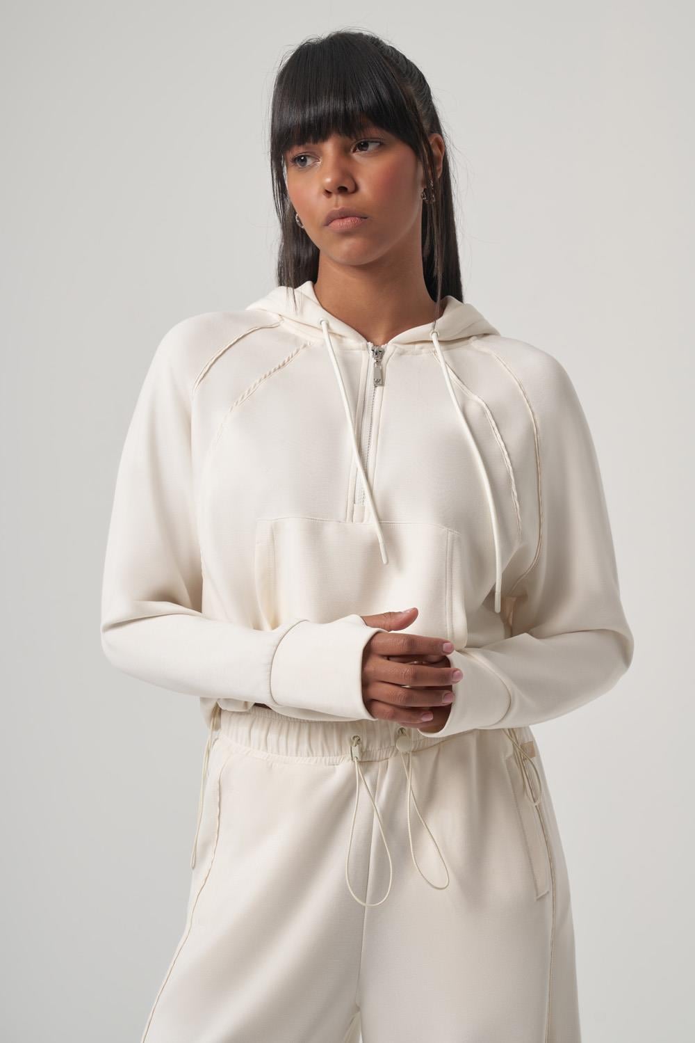 WELLWE-DENA ekru modal kumaş ultra relax paraşüt kumaş detaylı kapüşonlu sweat-Sweatshirt